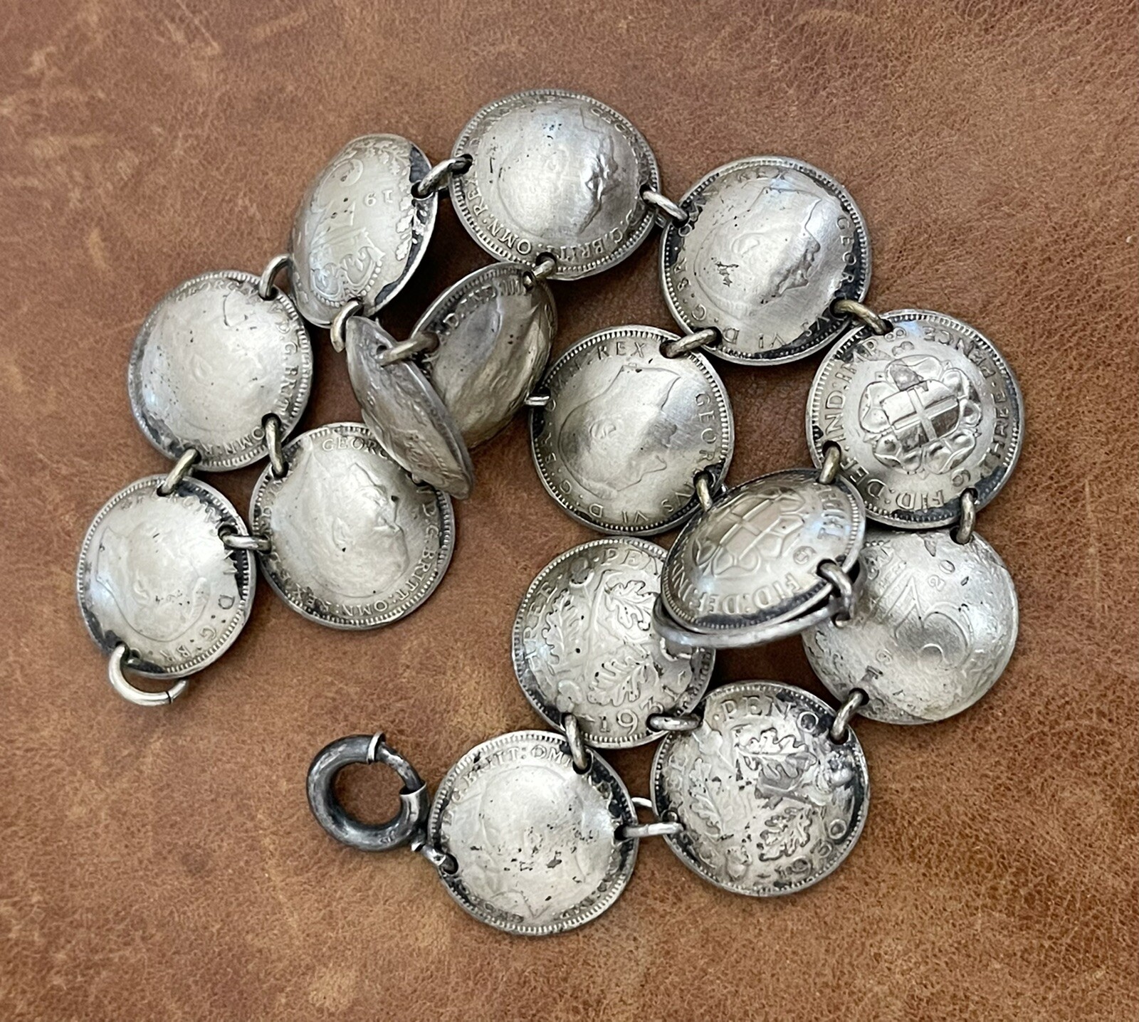 Old Great Britain Three pence .925 Sterling Coins Cupped Link Bracelet 6.25” In