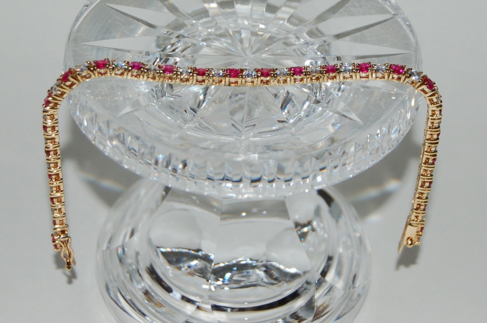 Gold Plated Sterling Silver 925 Ruby Red & Clear CZ Tennis Bracelet 7-1/4″