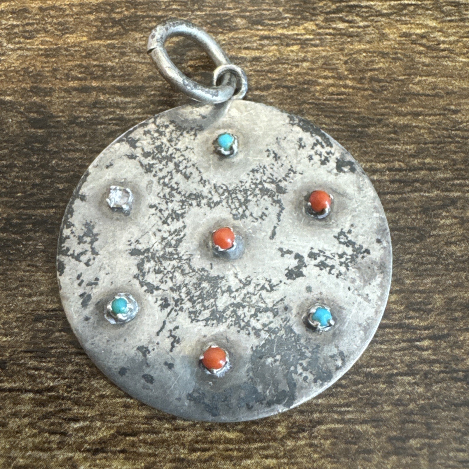 Vtg Sterling Silver WALTER LAMPL Round Turquoise Coral Pendant Charm 1.5”, 14.5g