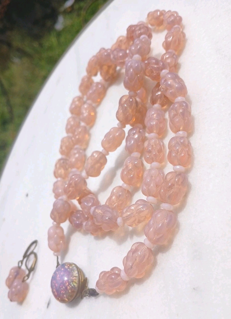 ANTIQUE MOLDED BERRY OPAL MILKY PINK OPALINE GLASS BEAD FLAPPER NECKLACE SET 3ft