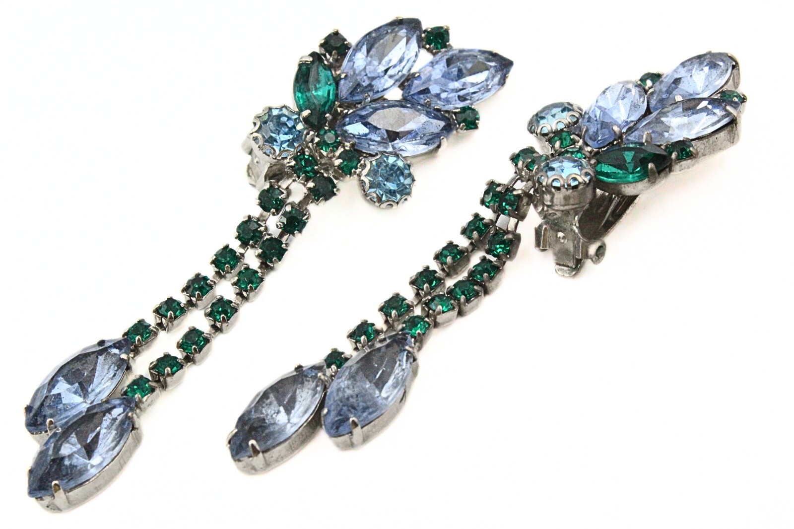 Holiday Light Blue Green Fancy Rhinestones Crystal Dangle Drop Long Earrings