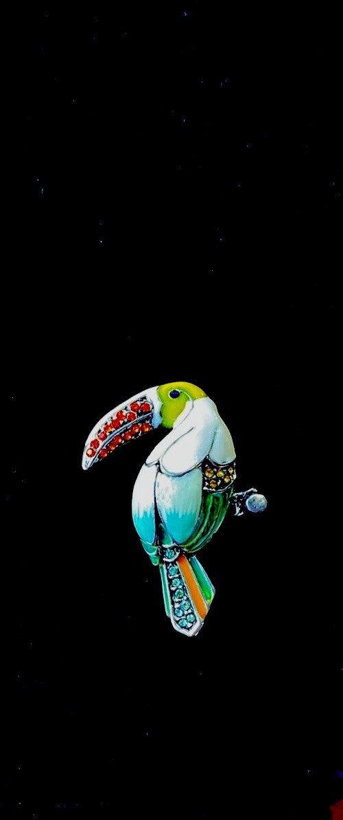VTG Enamel Rhinestone Lucite Silver Metal Alloy Wire Rhinestone Bird Brooch 1950