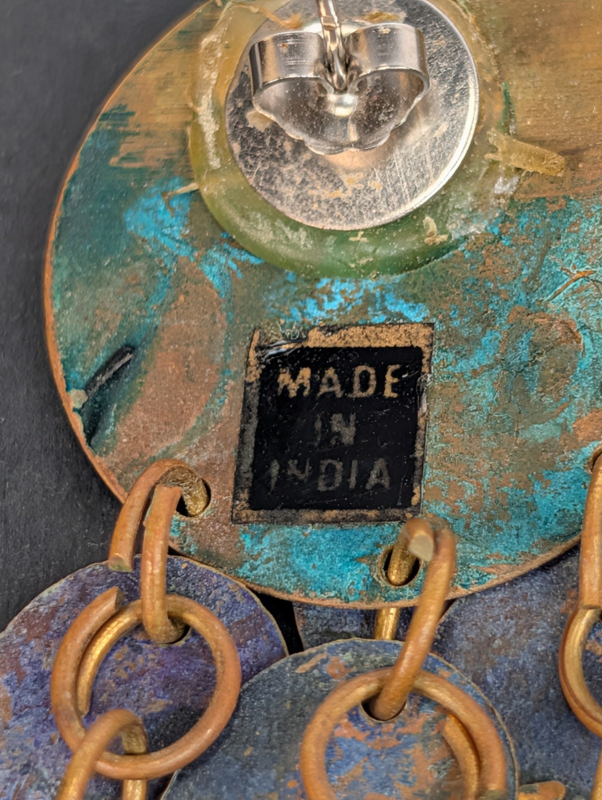Large Vintage Artisan Verdigris Boho Brass Celestial Stars Dangle Earrings India