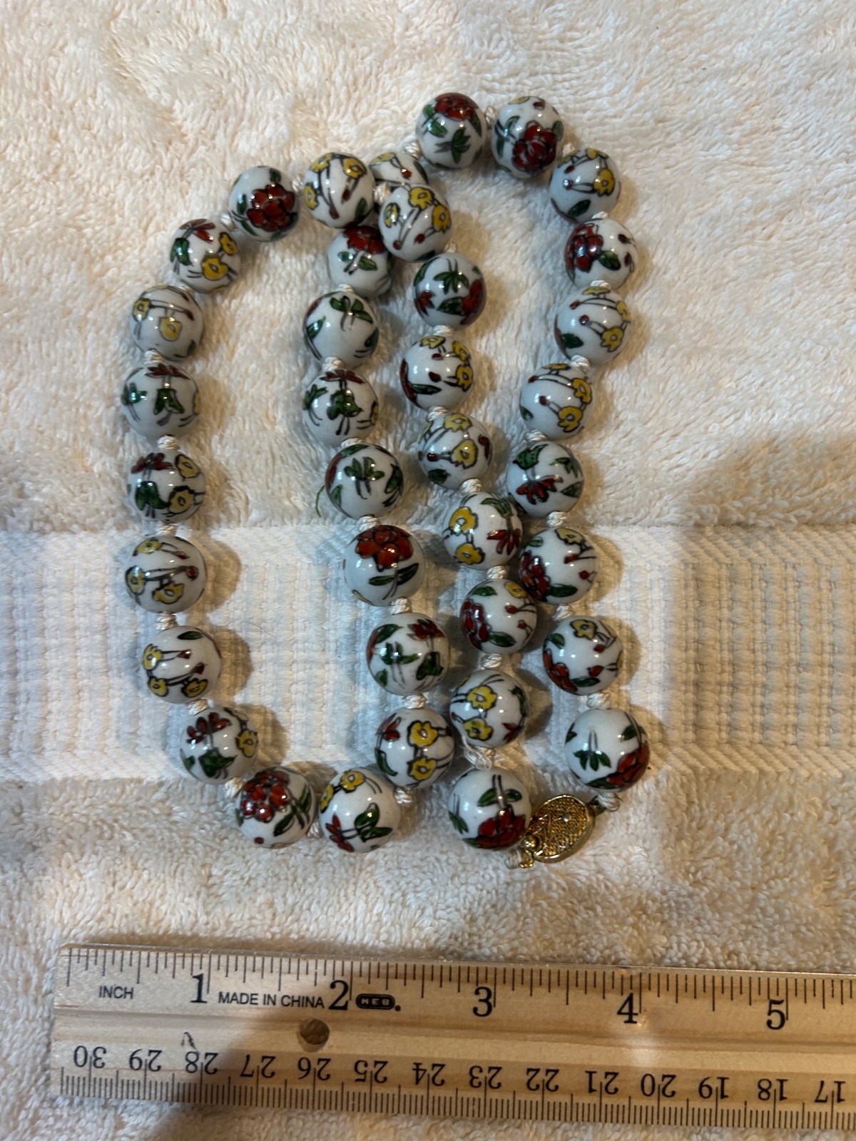 Vintage Cloisonné Enamel Beaded Necklace White Floral Hand Knotted