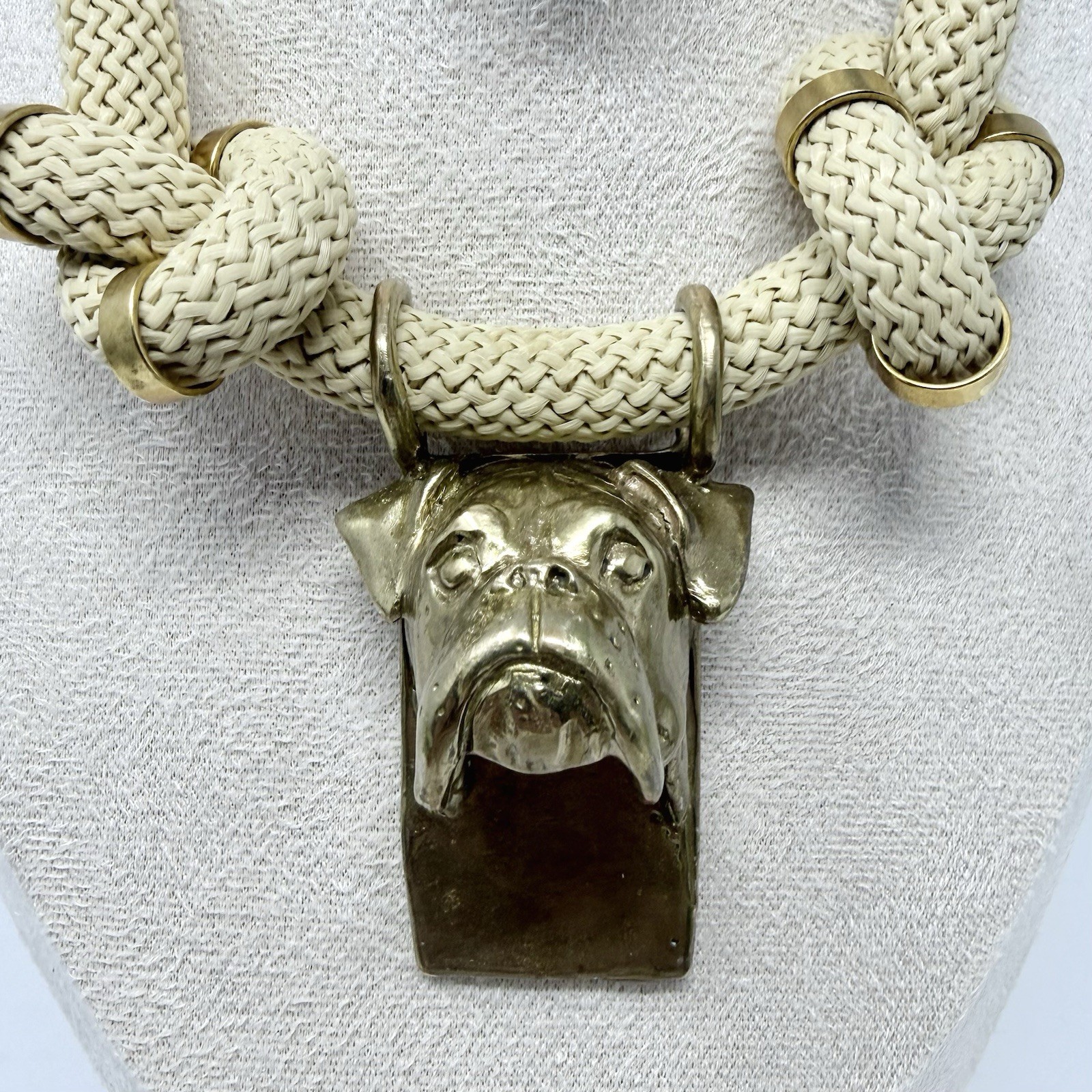 Vintage Boxer Dog Solid Brass Pendant Rope Statement Necklace Magnetic Clasp 26”