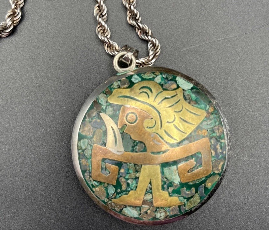 Taxco Mexico 925 Silver, Copper, Turquoise Inlay Pendant With Twist Rope Chain
