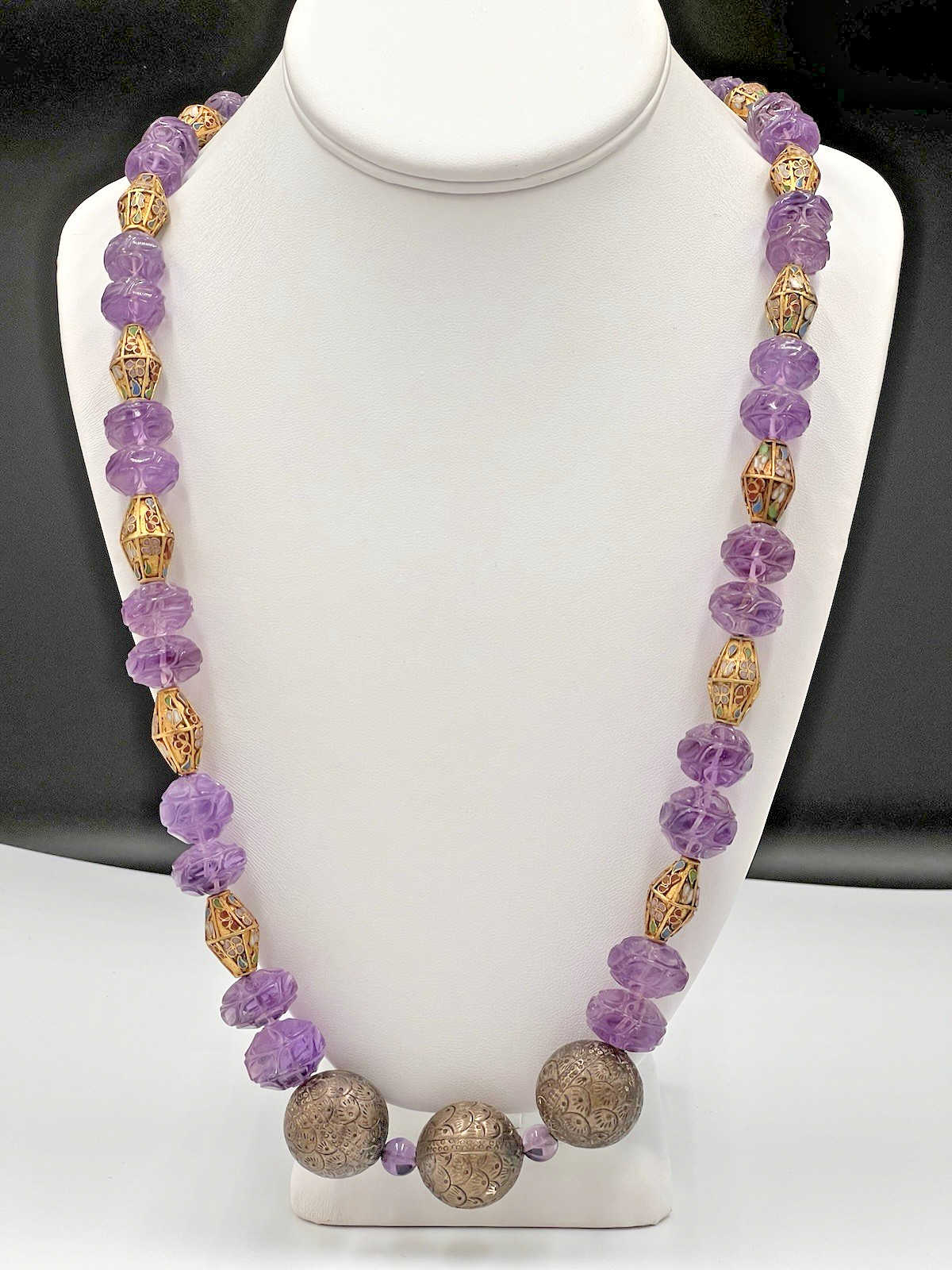 Vtg Chinese Carved Amethyst Bead & Gold Cloisonne Necklace, 168 grams, 30″ Long