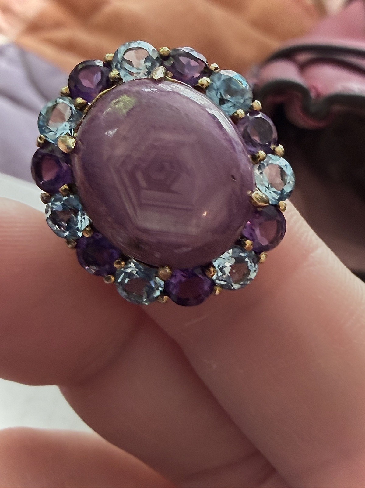Hex Pink Sapphire Cabochon Ring. Topaz and Amethyst accents