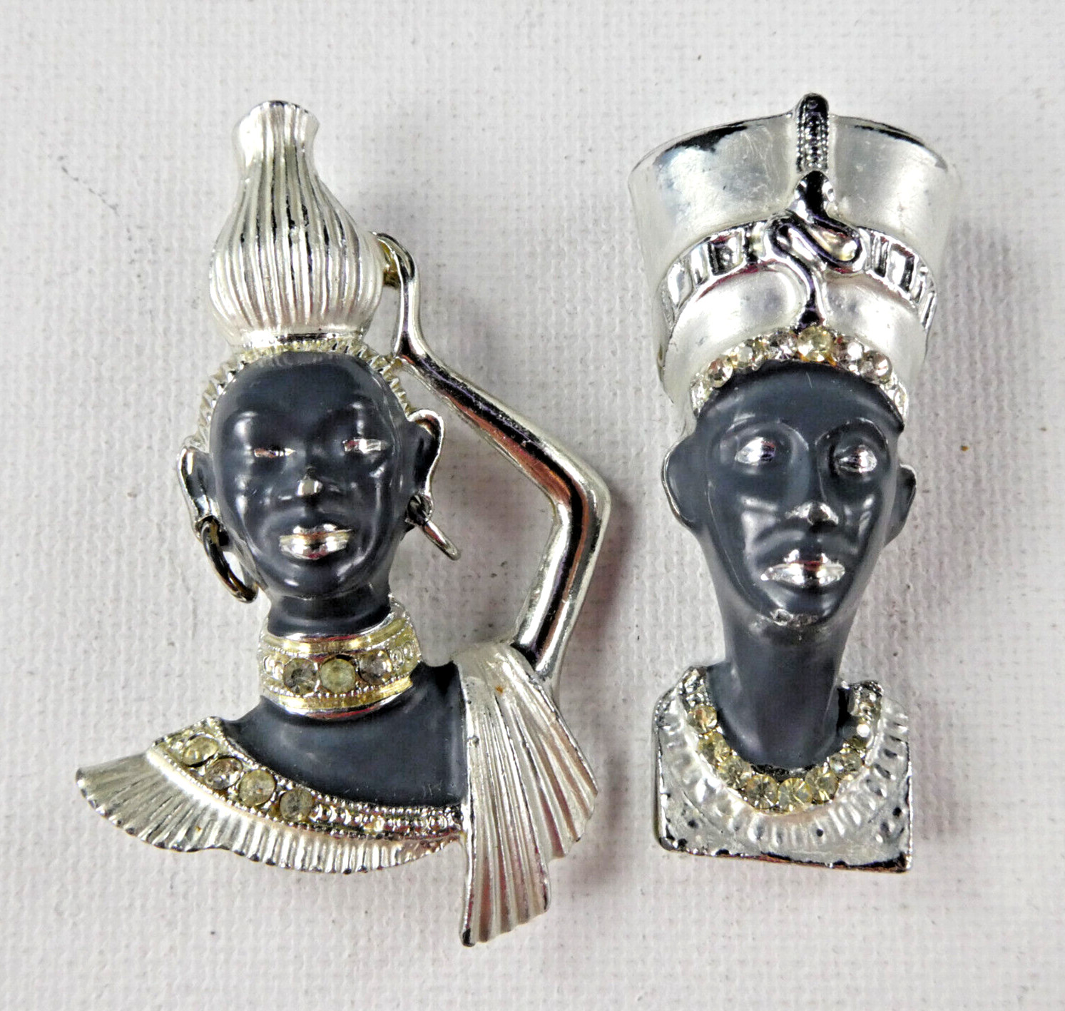 Vintage African Ethnic Pair Pin Brooch Set of 2 Gray Enamel Faces Crystal