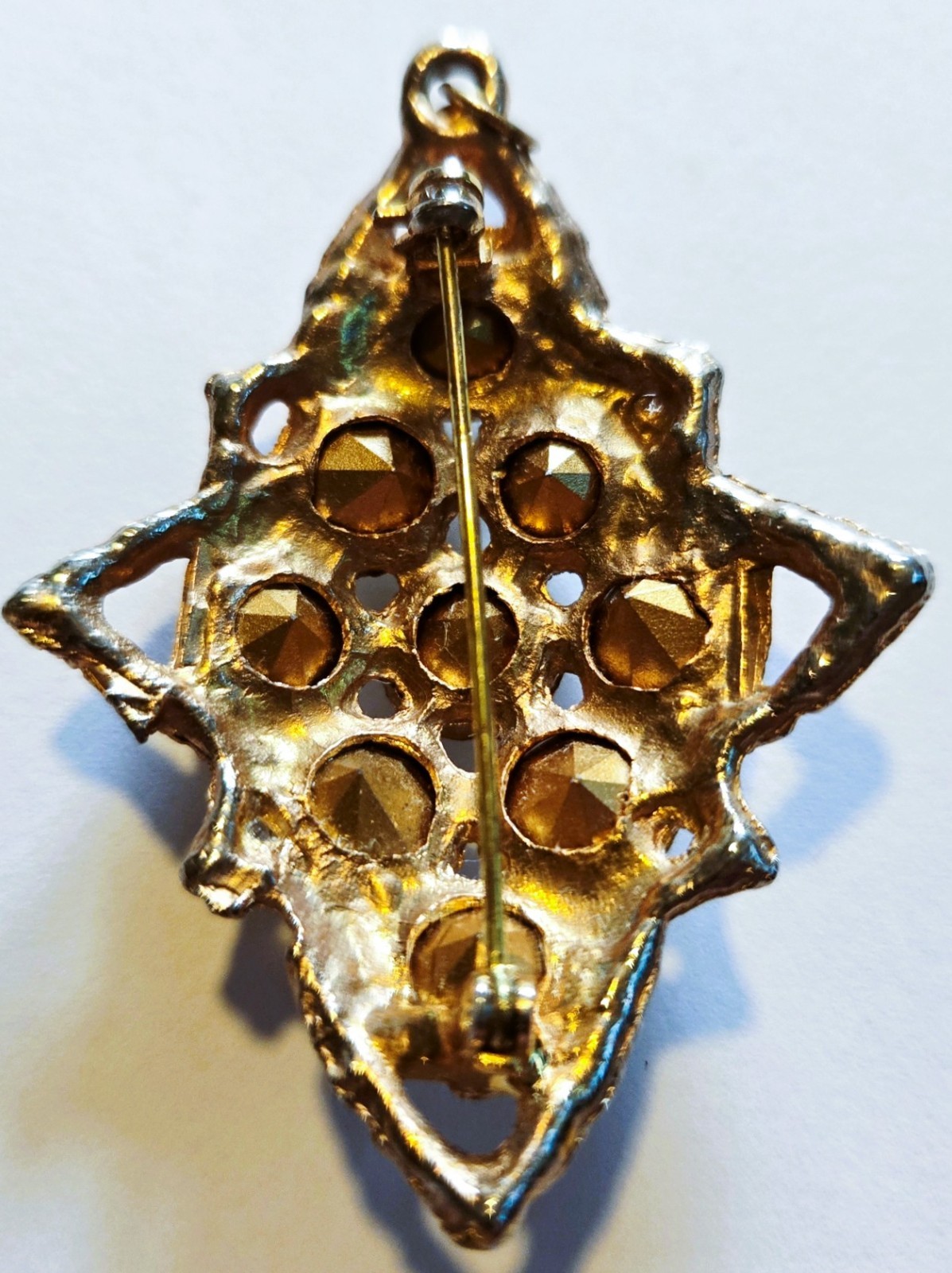 Vintage SparklyRhinestone Cluster Brooch Gold-Tone Diamond-Shape Pendant and Pin