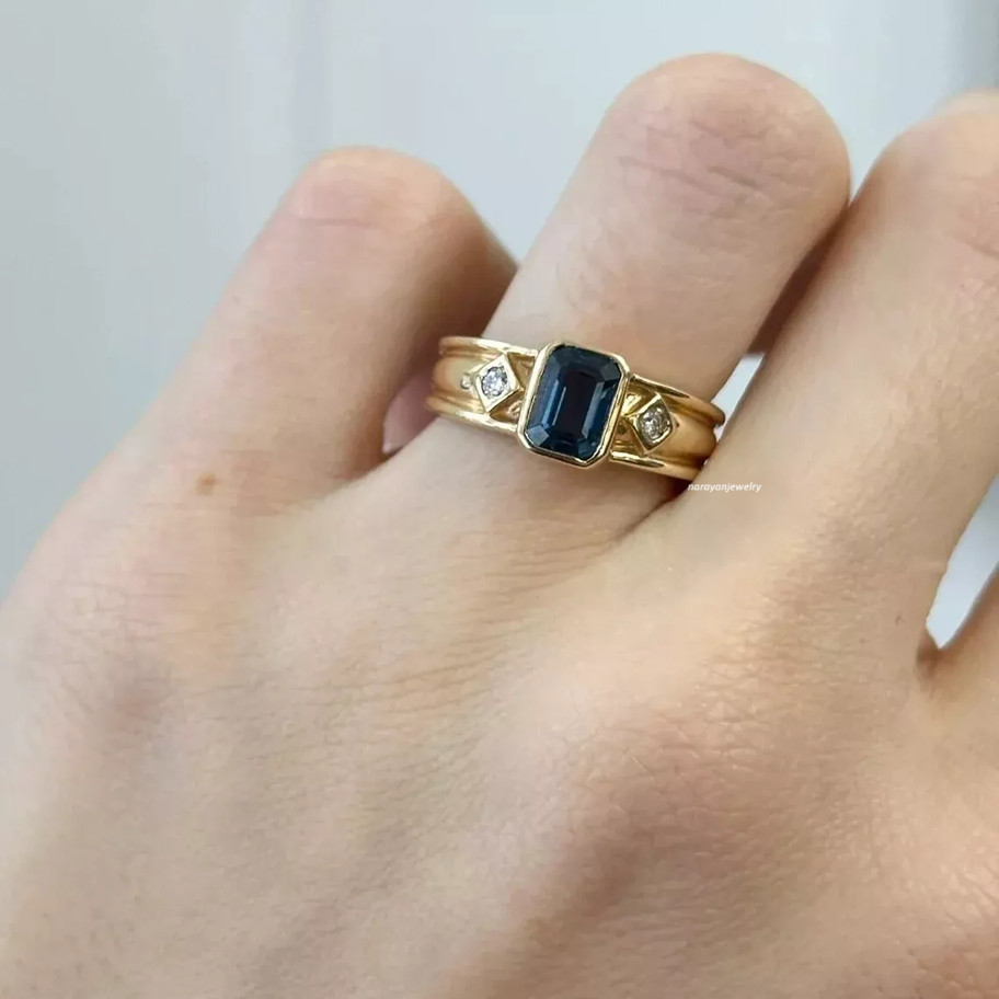 Vintage Style Emerald Medium Blue Sapphire Lab Created Diamond Gold Finish Ring