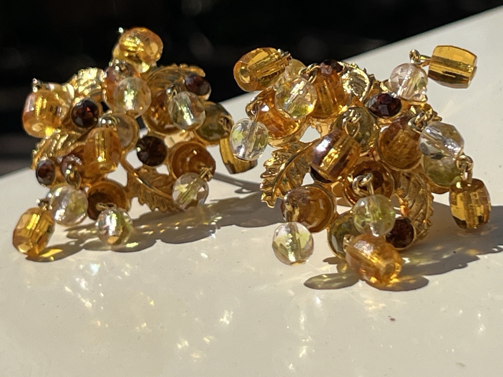 Vtg Clip Cluster Czech Amber Faceted Glass Gold Tone Earrings