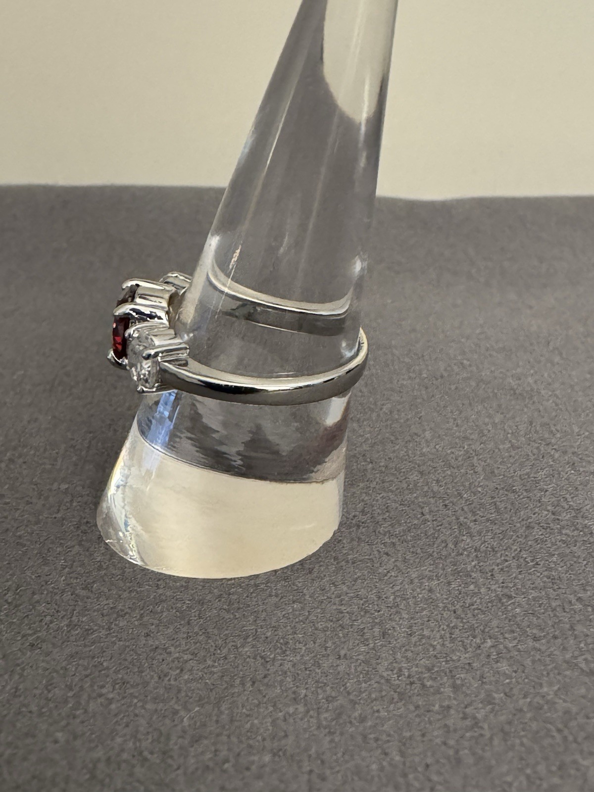 Vintage Silver Tone Three Stone Red & Clear Crystal Ring Size 7 Estate Jewelry
