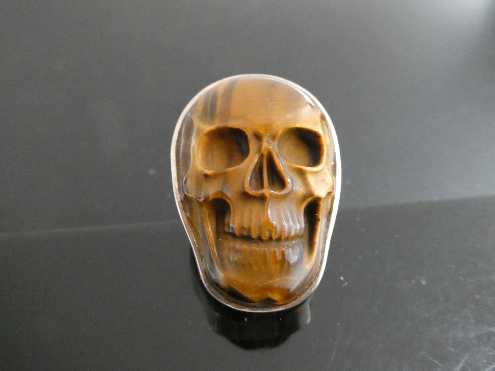 Vintage Tiger’s Eye Gemstone Carved SKULL Sterling Silver 925 RING Size 8.5