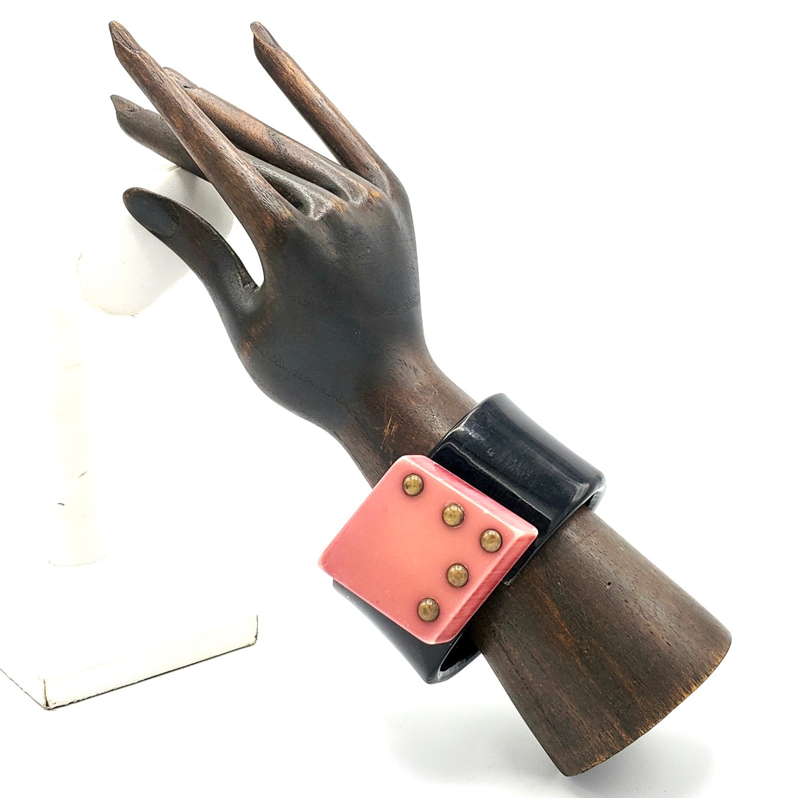 Vtg French Art Deco Early Plastic Clamper Bracelet Black Pink Brass Cuff – OOAK