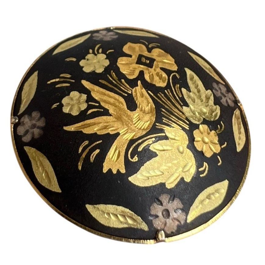 Vintage Damascene Brooch 18k or 24k Gold injected into Iron Bird Floral Spain