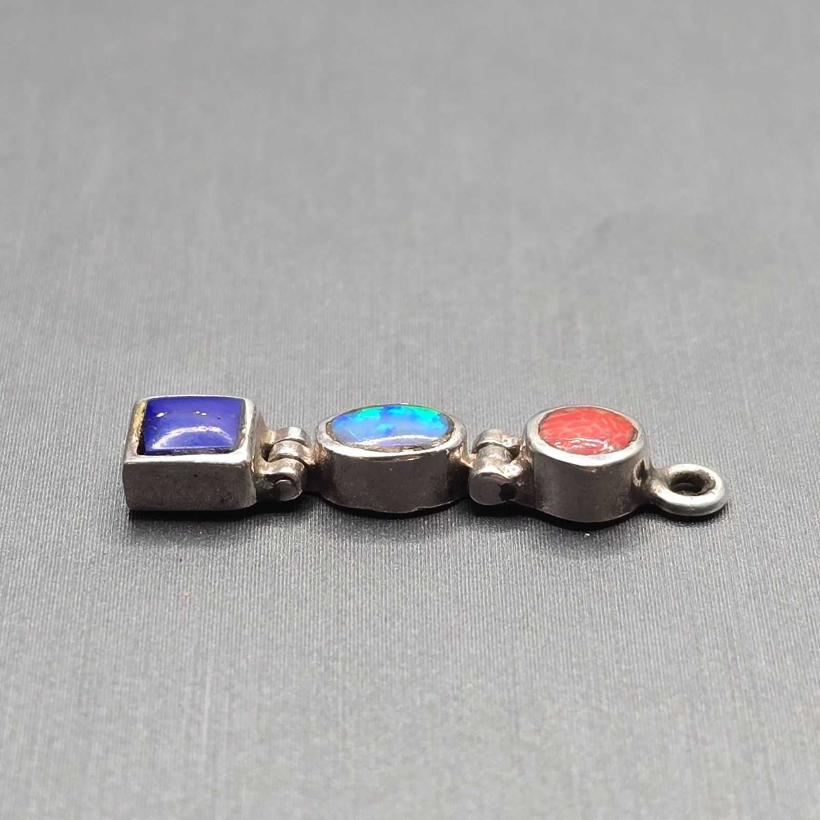 Vintage Sterling Silver Coral Opal Lapis Pendant Hinged Drop Style