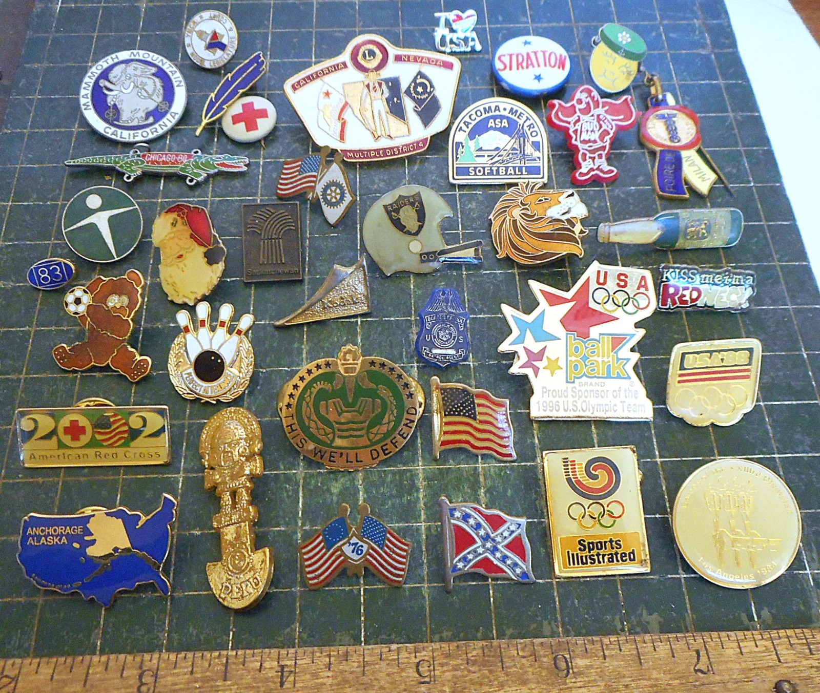 Lot of 80+ pins pinback. Olympics, Raiders, Beer, Flags, Animals, Oddities, Mix
