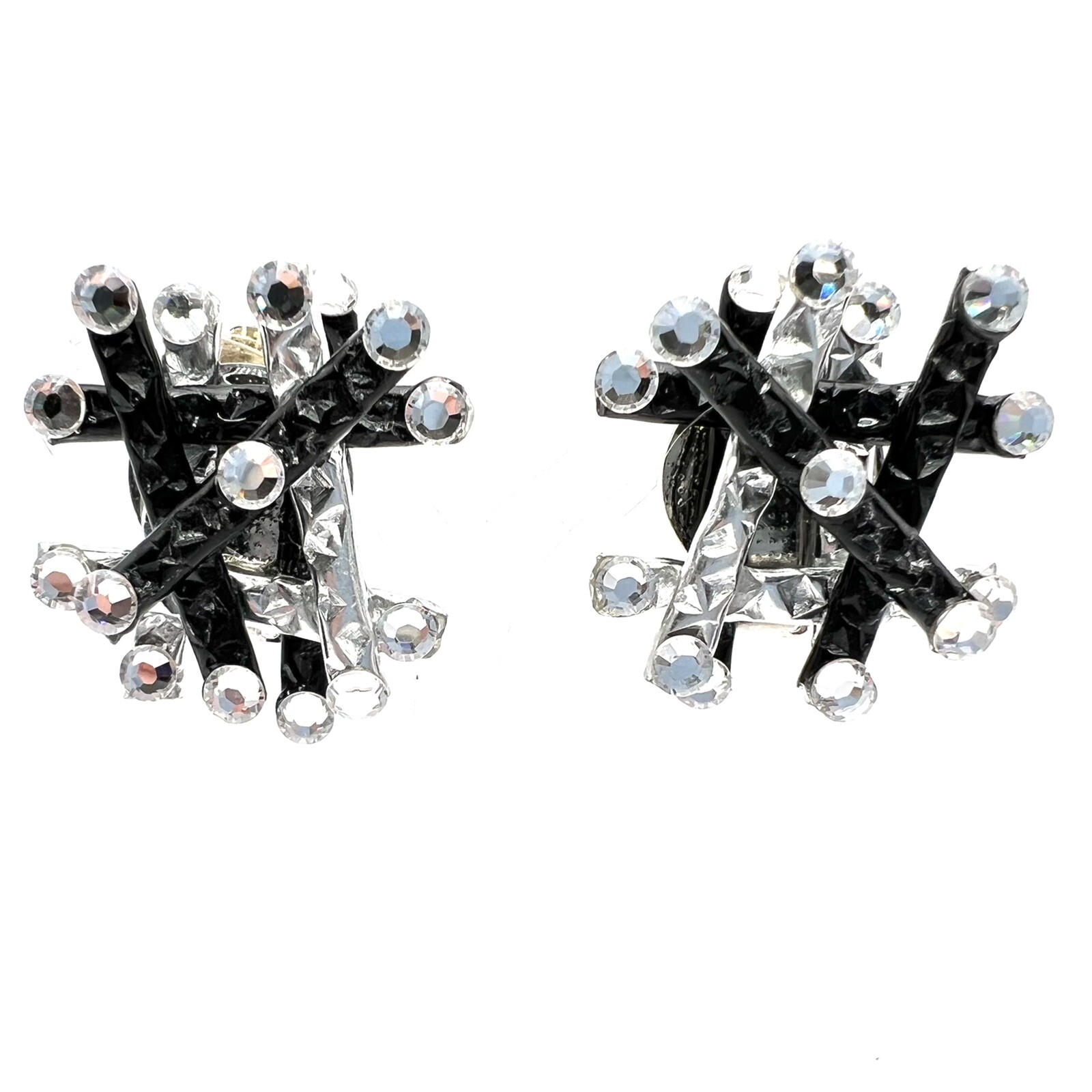 Vintage 1980s Jeff Lieb Black Silver Rhinestone Clip Earrings