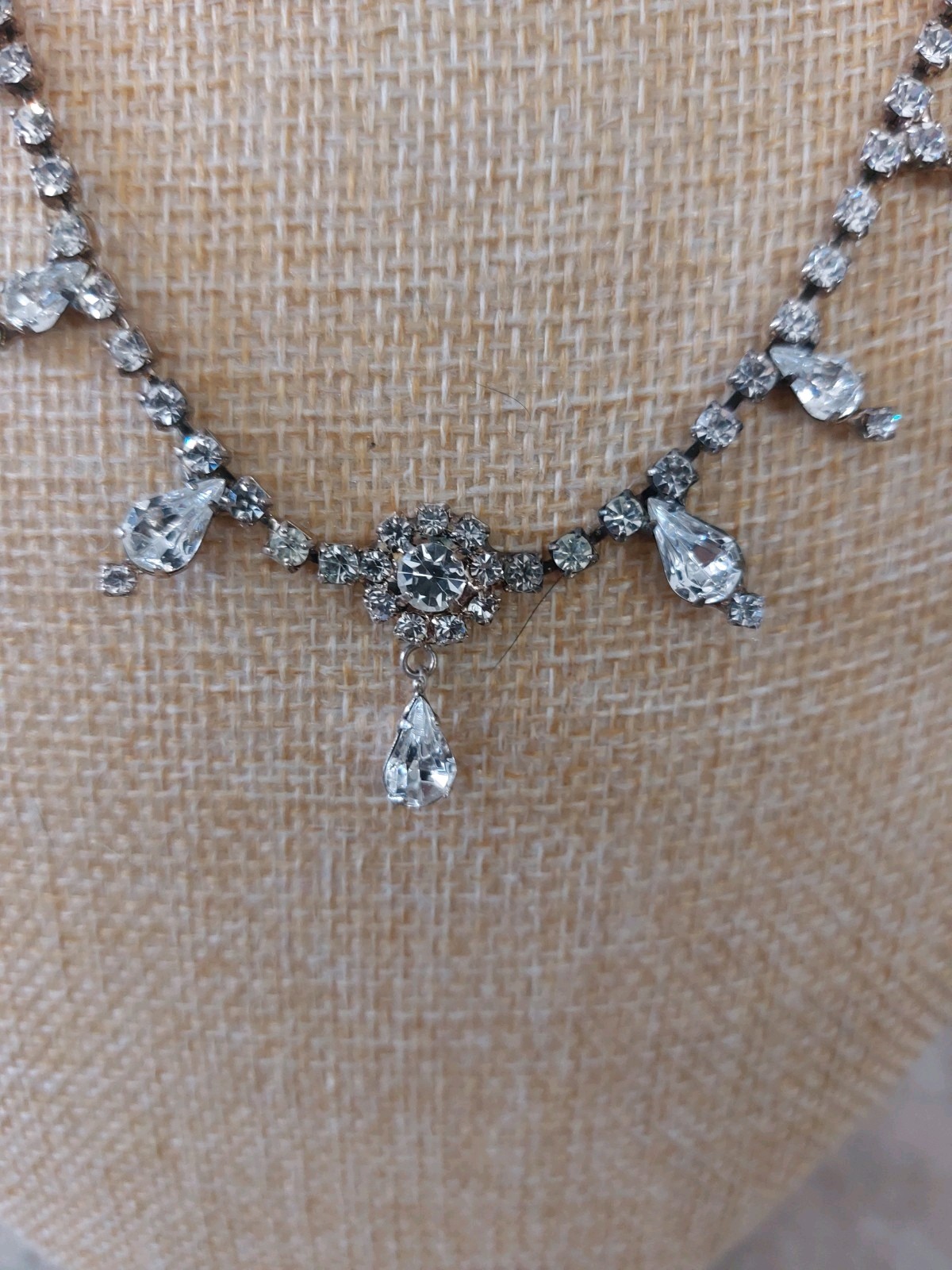 Dainty Clear Rhinestone Choker Necklace Vintage Deco Flower Teardrops Sparkle