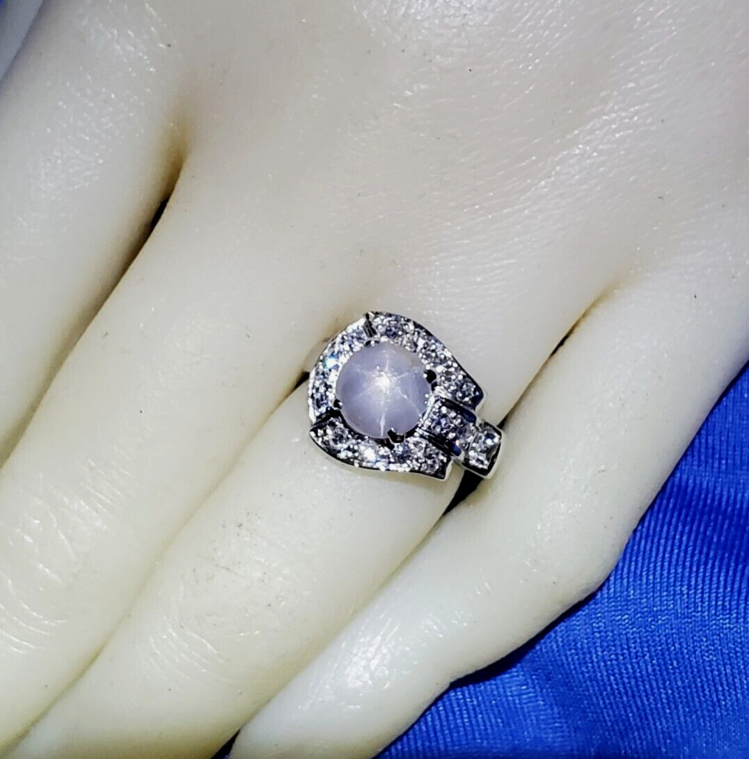 EARTH MINED STAR SAPPHIRE DIAMOND ART Deco Engagement Ring SOLID 14K WHITE GOLD