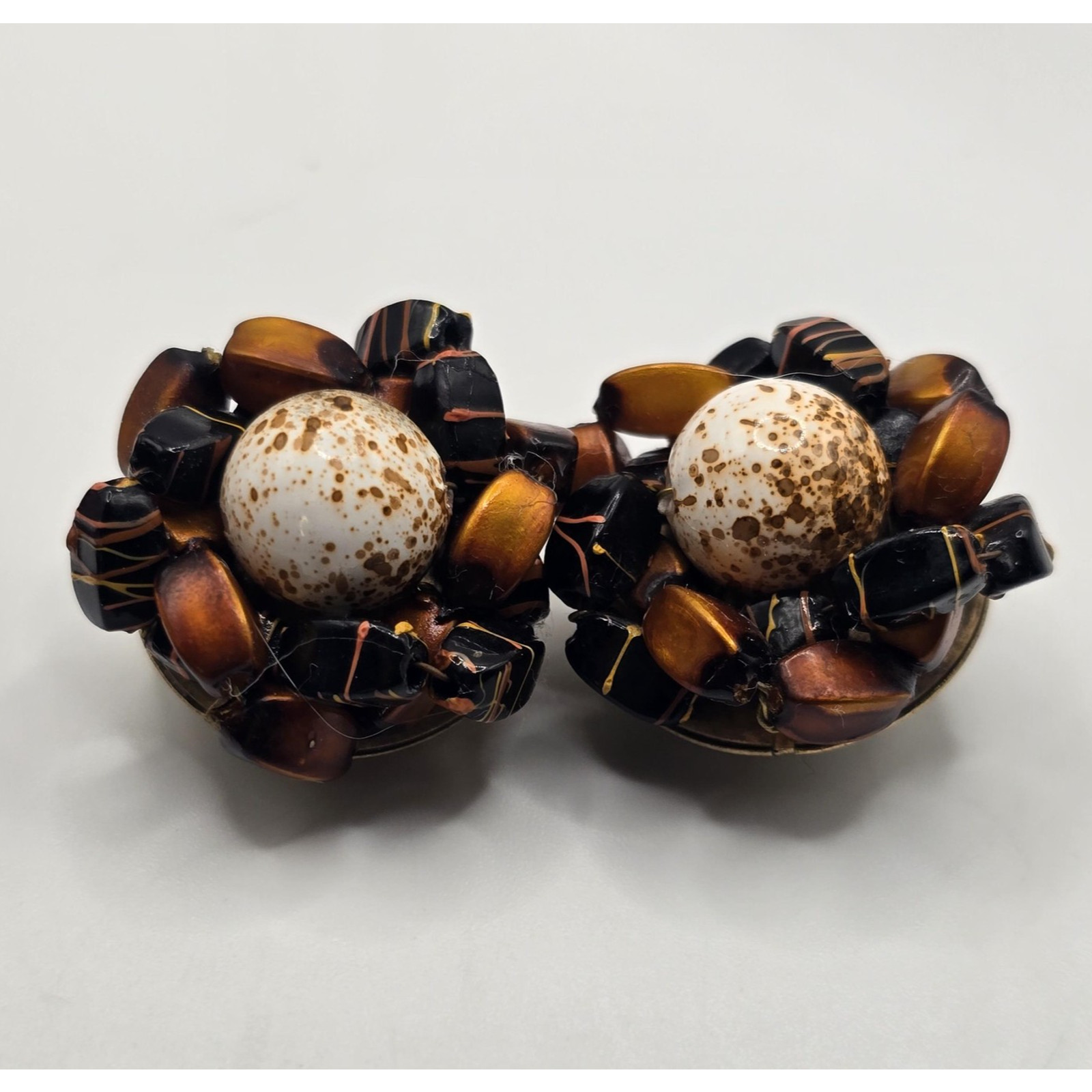 Earrings Dragon Beads Tiger Eyes Earrings Chips Hand Strung Vintage Clip On