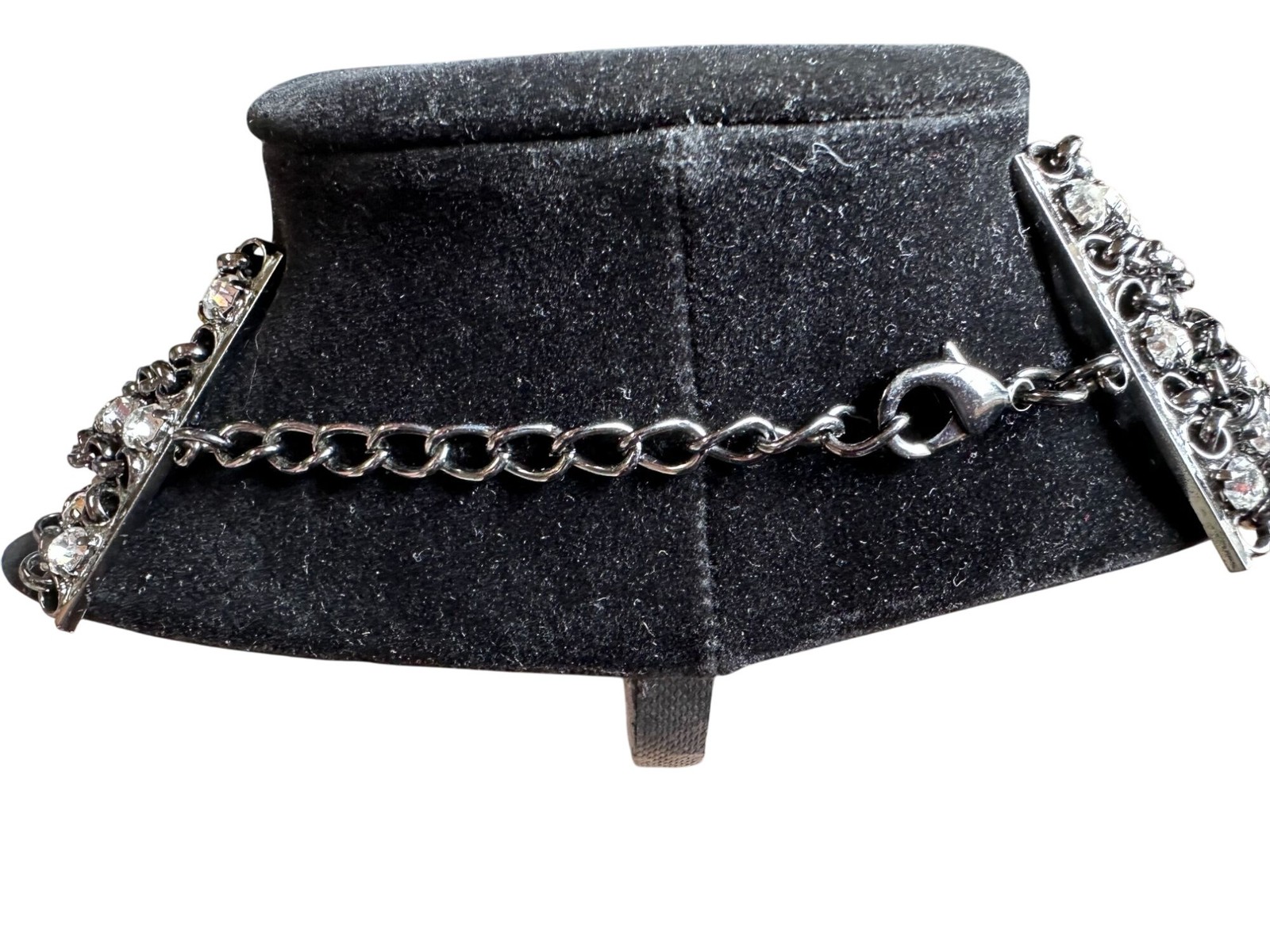 Vintage Black Metal Braid Chain Collar Necklace With Rhinestones 21″ Long