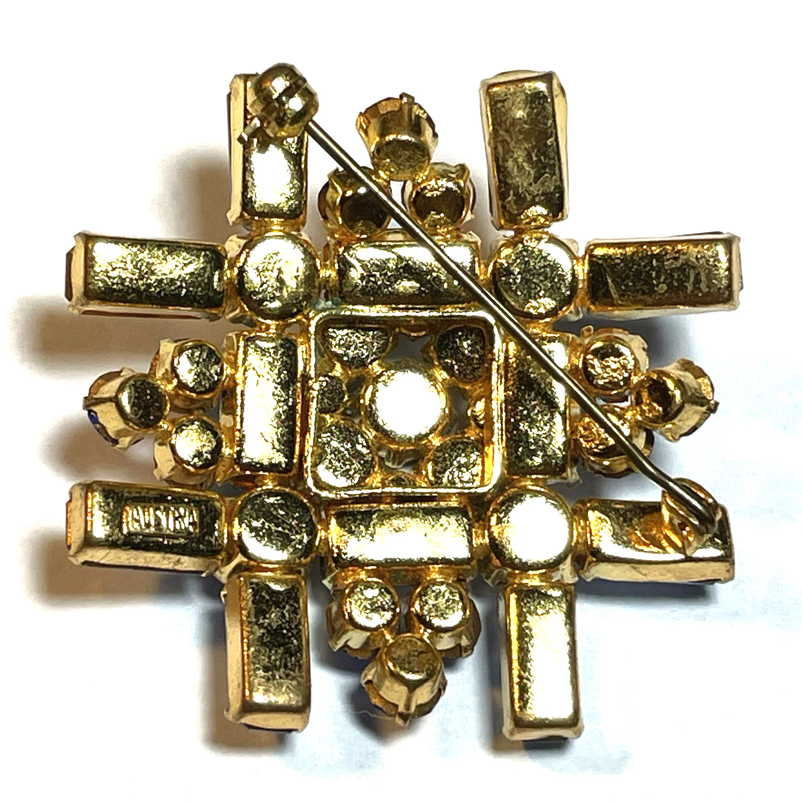 VINTAGE AUSTRIA MINT BLUE RHINESTONE TIERED STARBURST BROOCH PIN MCM JEWELRY 50S