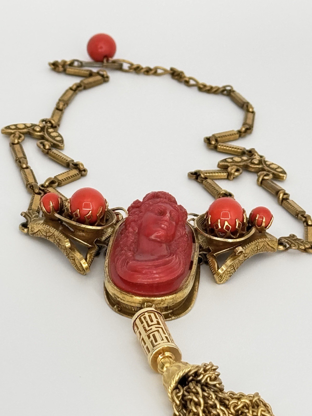 Vintage 1920s-1930s Art Deco Czech Faux Coral Cameo Brass Tassel Necklace