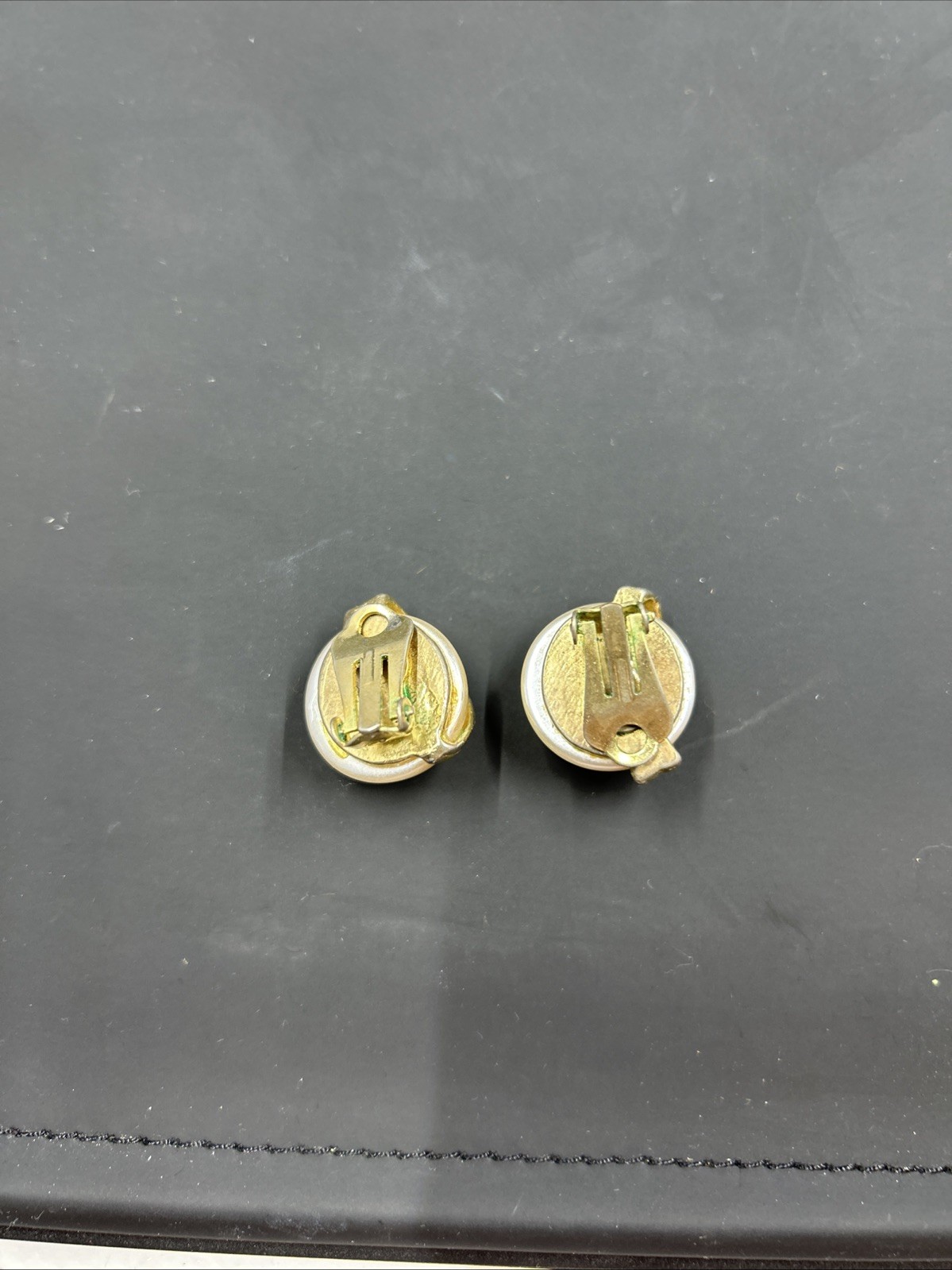 Vintage Clip On Earrings Faux Pearl With Goldtone Stripe Round Earrings