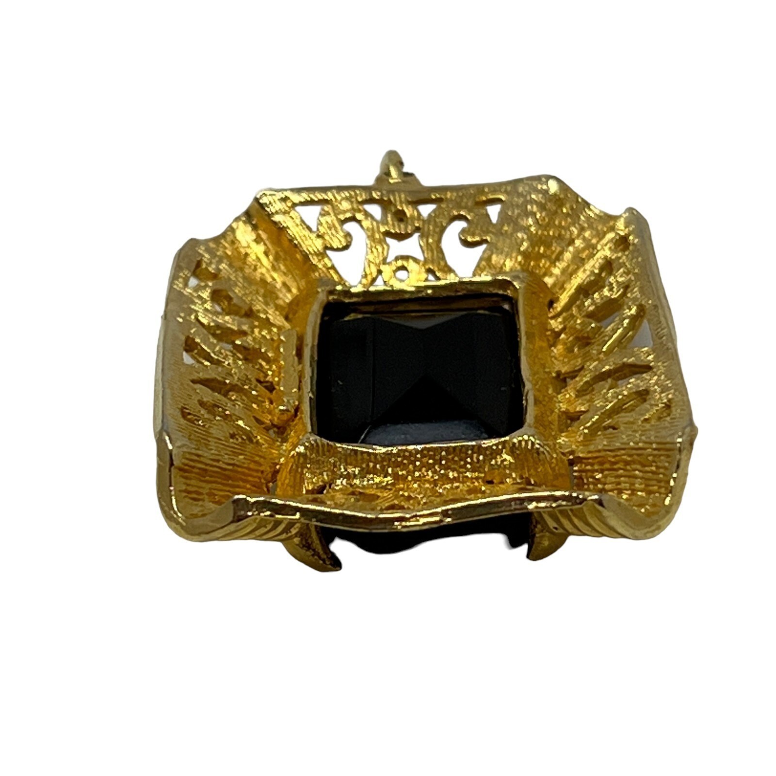 Vintage Edlee Pendant Dark Red Glass Ornate Open Scroll Gold Tone Rectangle