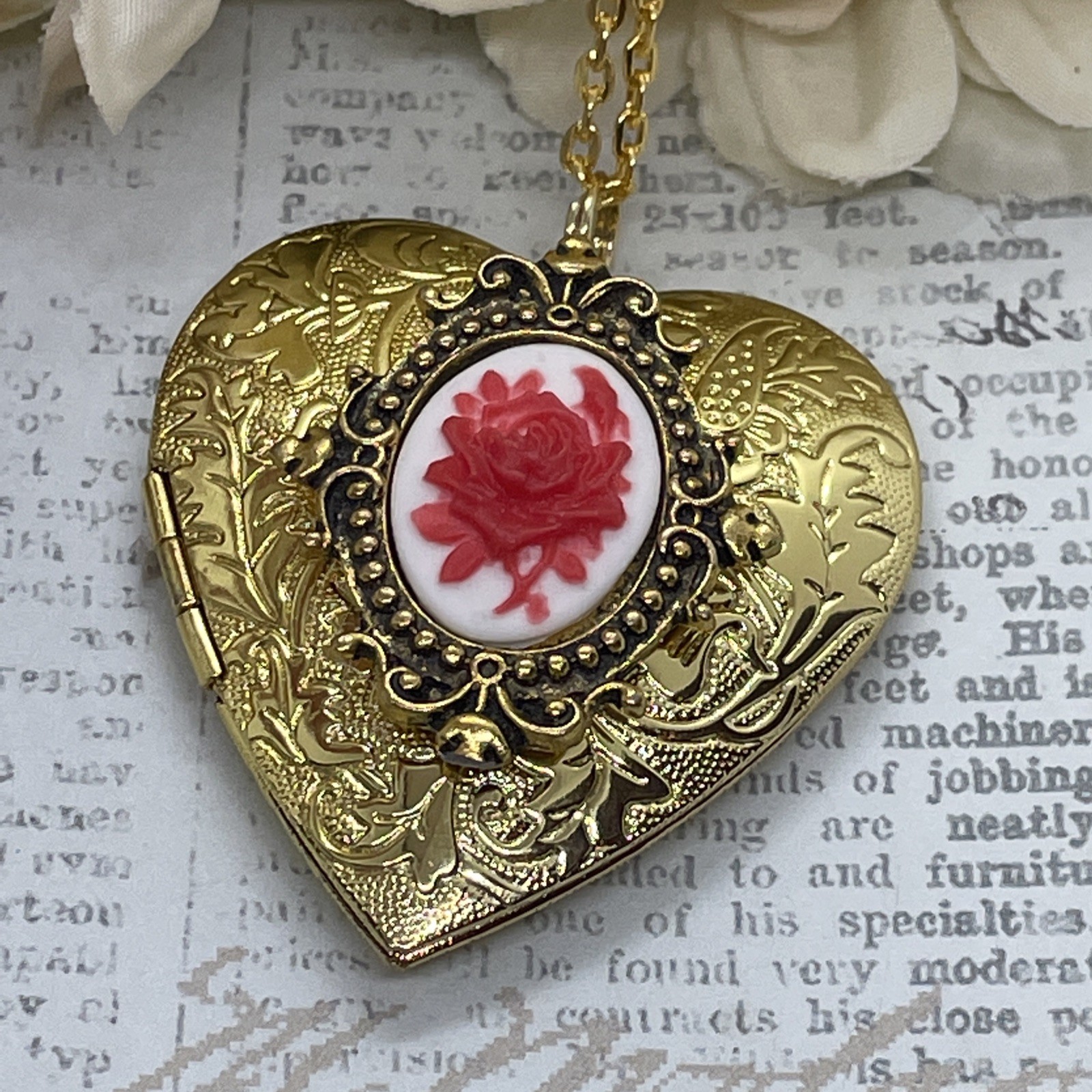 Gold Heart Locket Birthday Anniversary Wedding Red White Rose Cameo Necklace