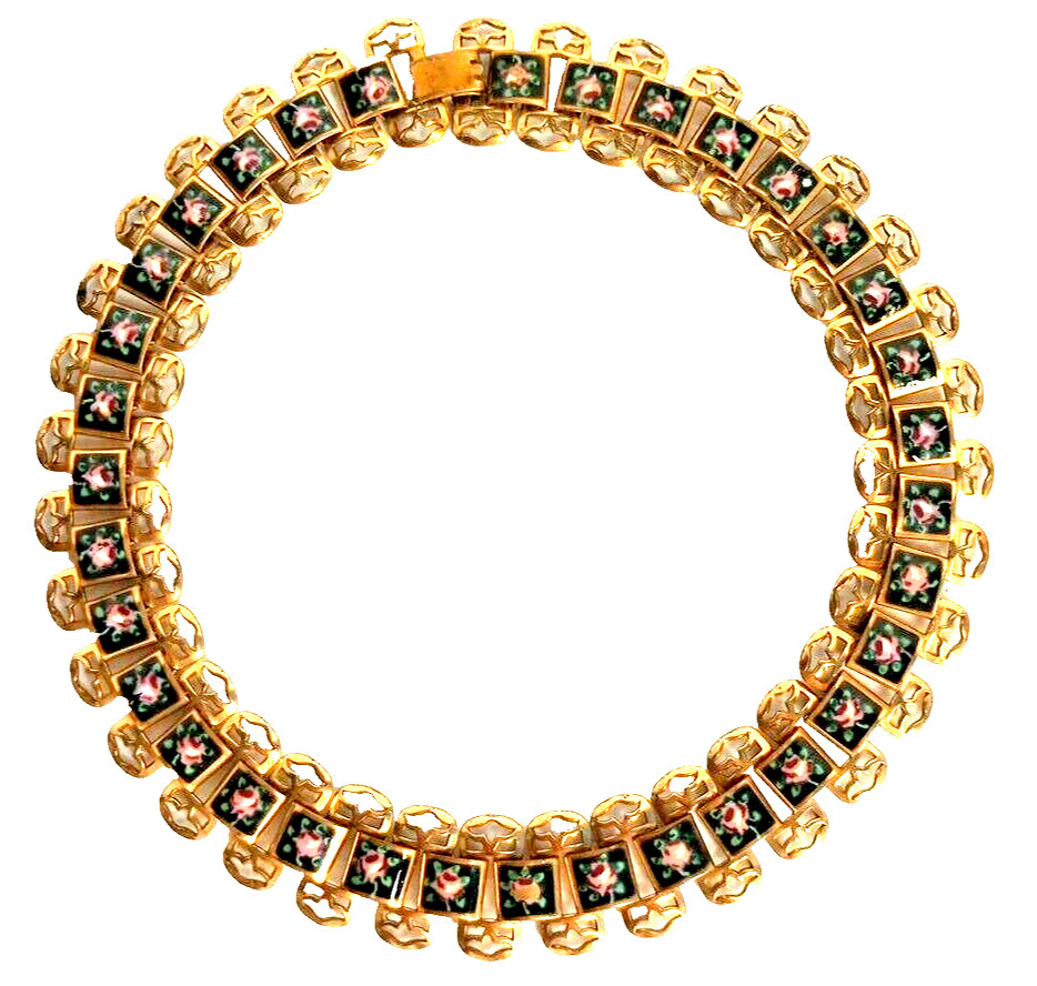 Vtg Gold Tone & Enamel Panel Necklace Choker Hand Painted Roses 15″ Unsigned EUC