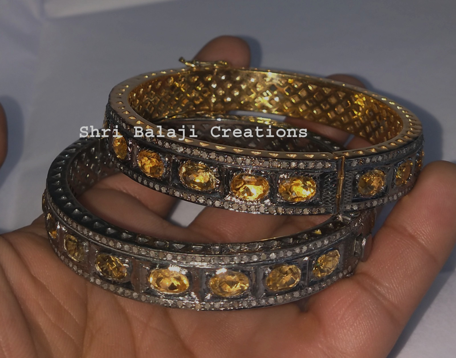 Natural Rosecut Diamond Citrine Gemstone 925 Sterling Silver 2 Bangles Jewelry