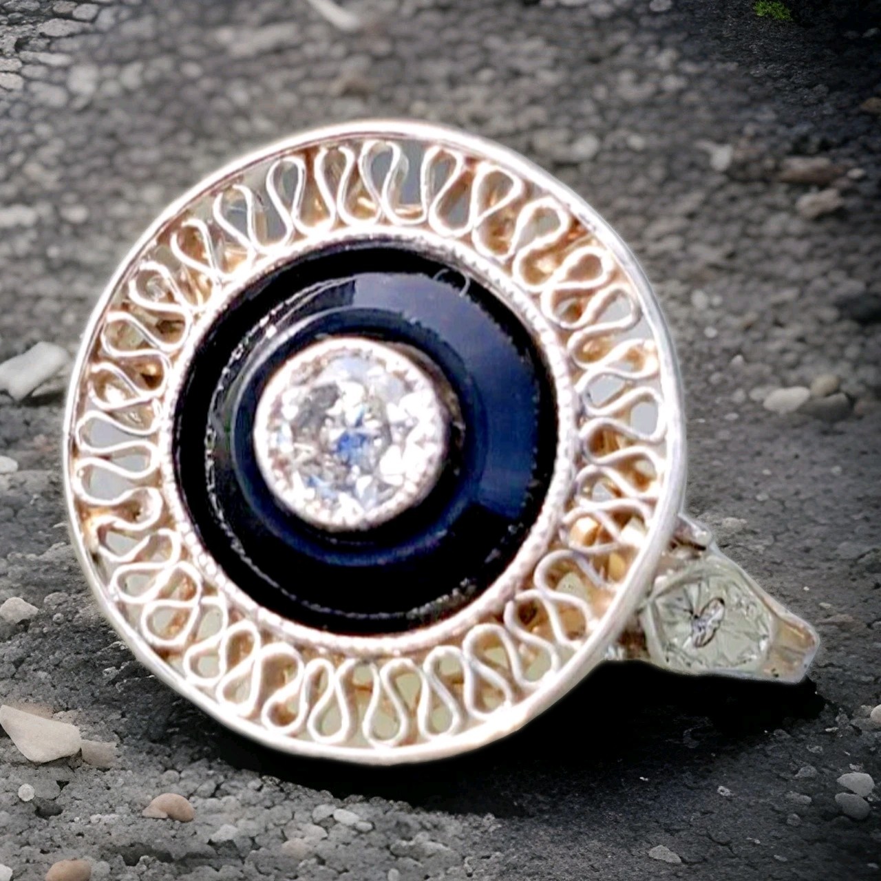 Original EARTH MINED DIAMOND Onyx Deco Engagement Ring Antique PLATINUM Filigree
