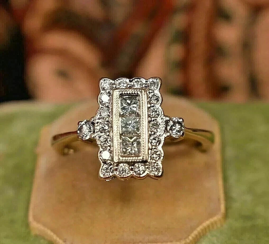 Art Deco Style Princess Lab Created Diamond Wedding Gift 14K White Gold FN Ring