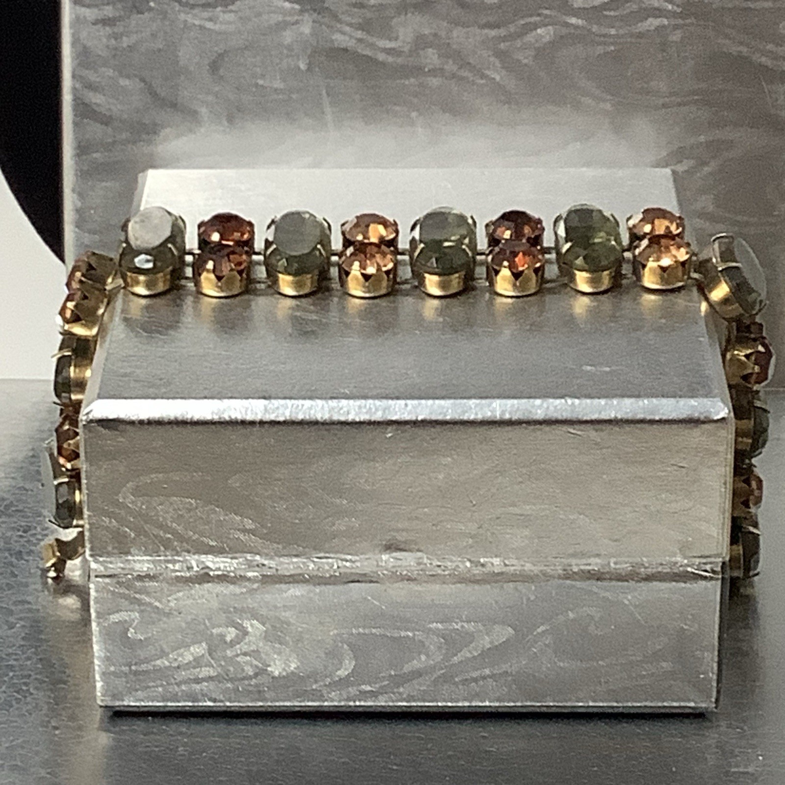 Vintage Signed Regency Golden Brown and Sage Green Crystal Bracelet 7″