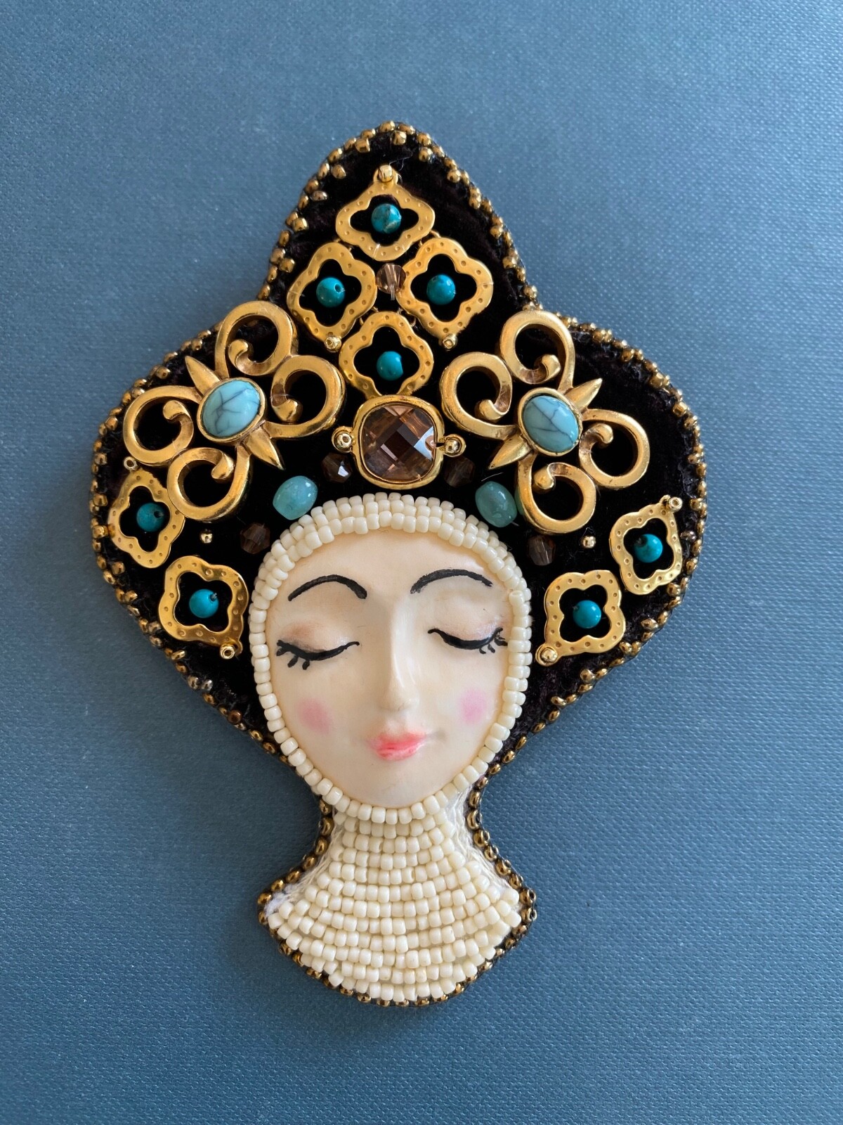 Brooch Art Doll Princess Beaded Turquoise