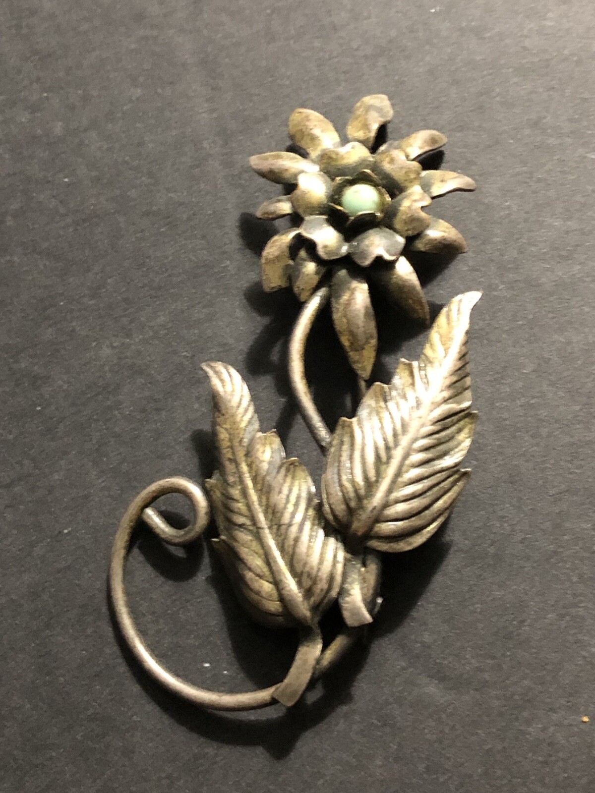 Large Vintage Bronze Color Flower Bouquet Brooch Pin w/Green Turquoise Men/Women