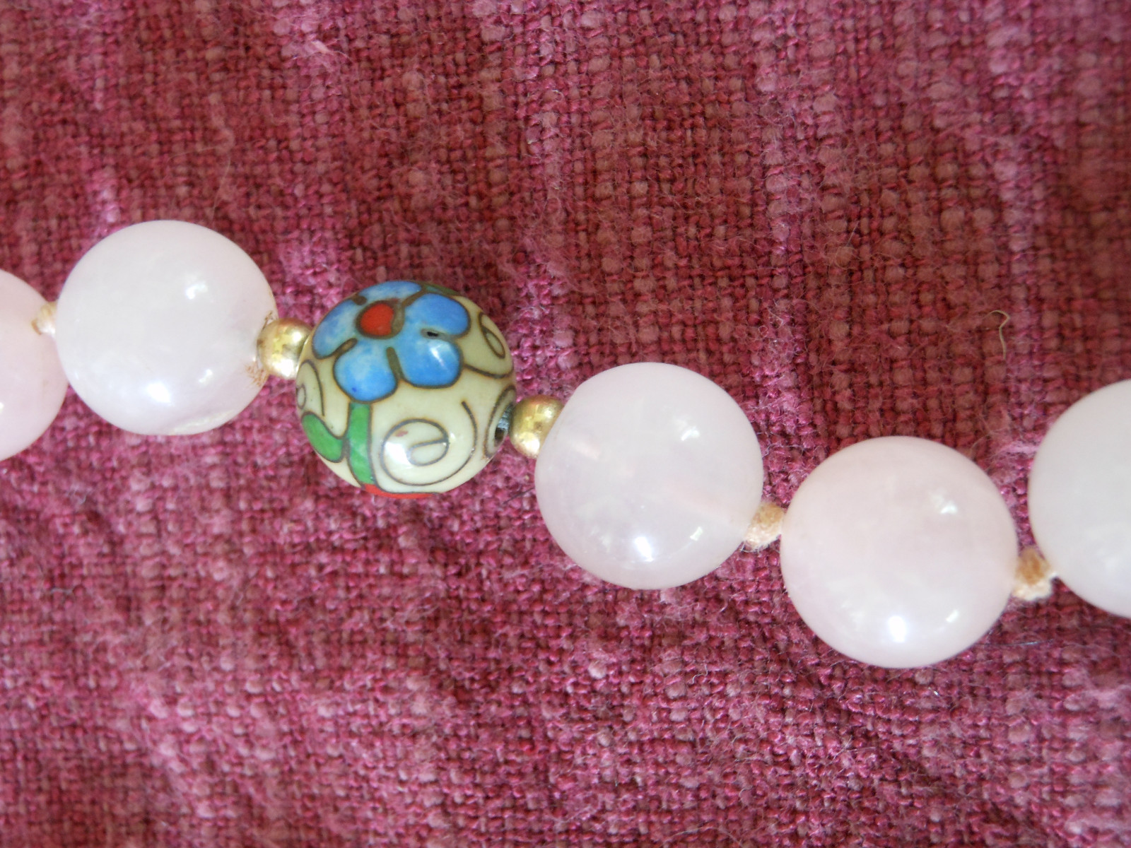 Rose Quartz Necklace with Cloisonne Beads Hand Knotted-Yes