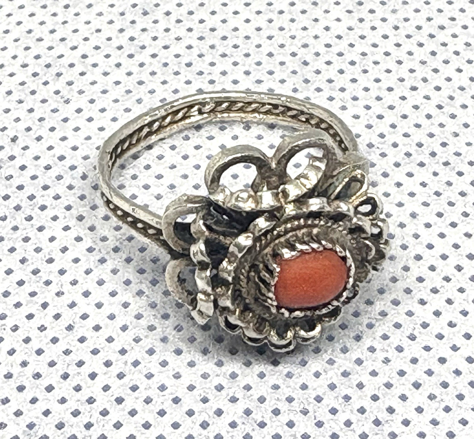 (19) ANTIQUE Historic 1870-1890s Red Coral 800 or 835 Silver size 7.5 Ring (925)