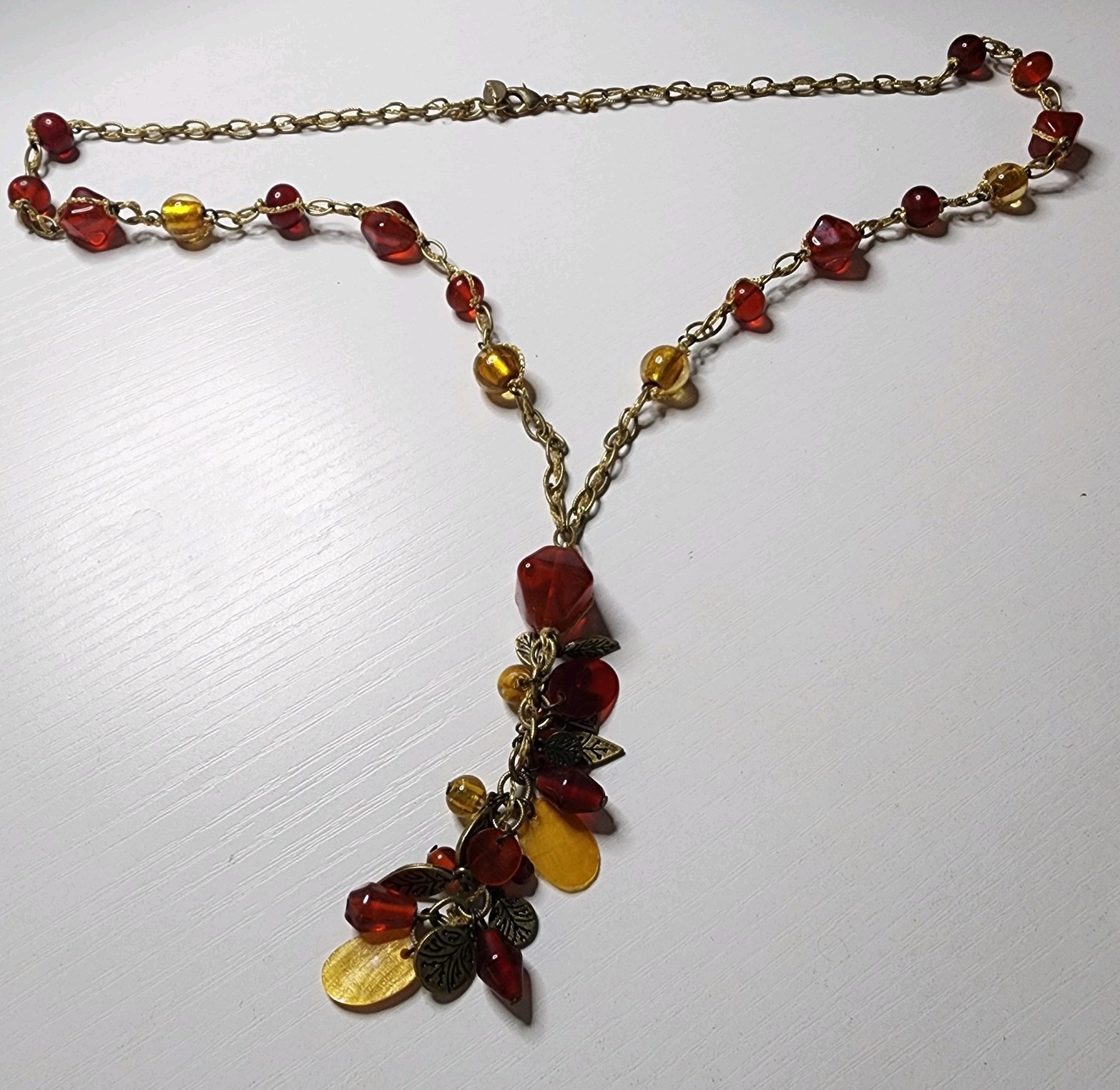 Vintage Coldwater Creek Red Yellow Glass Beaded Necklace Signed Nature Leaf Adj.