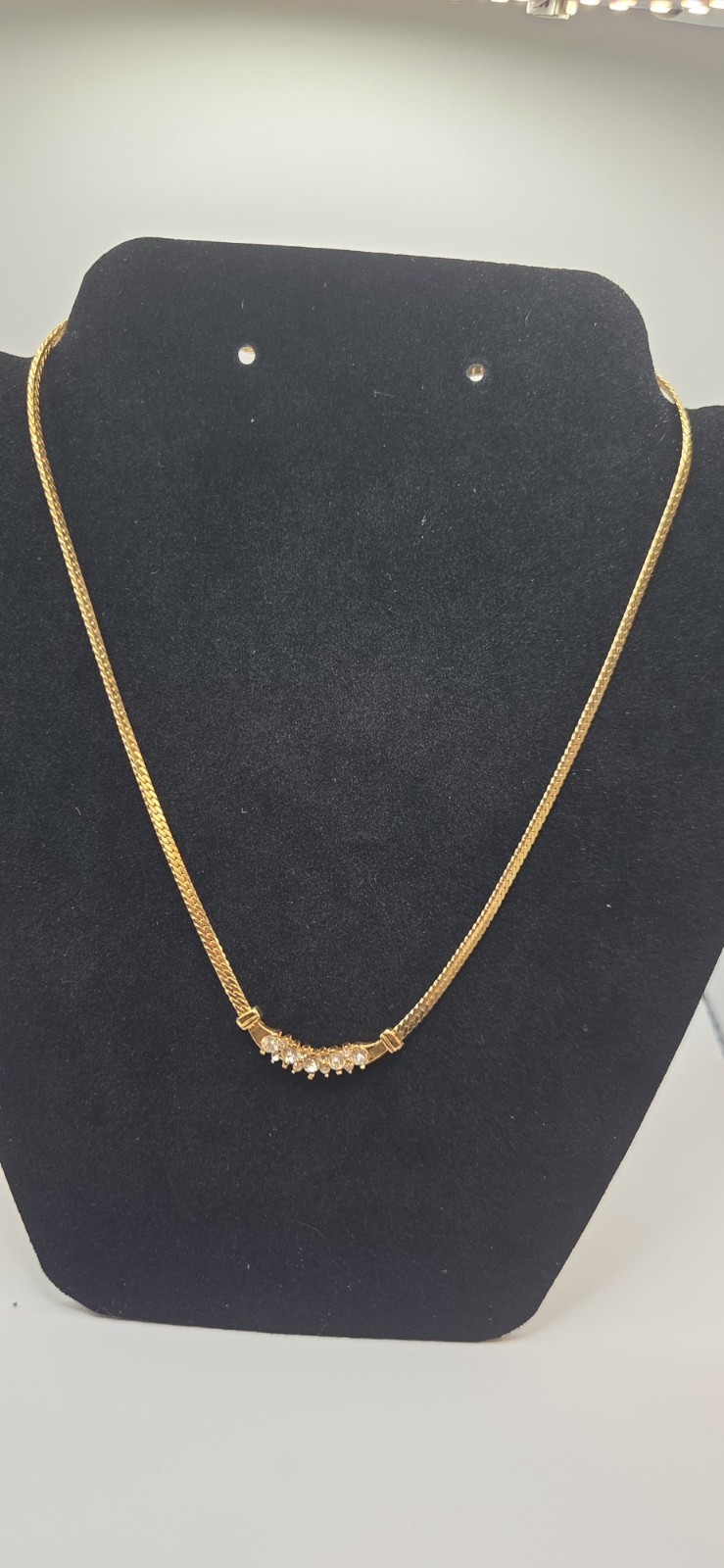 gold plated Herringbone Snake Chain with clear gems Necklace 16 in