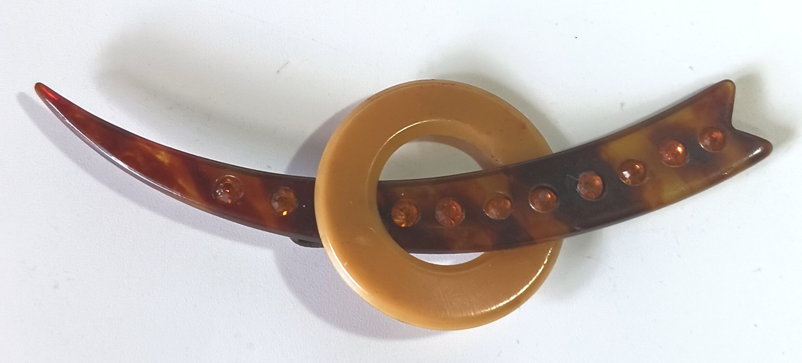 Vtg (Antique?) Art Deco Early Plastic Brooch w/ Unusual Clasp & Rhinestones