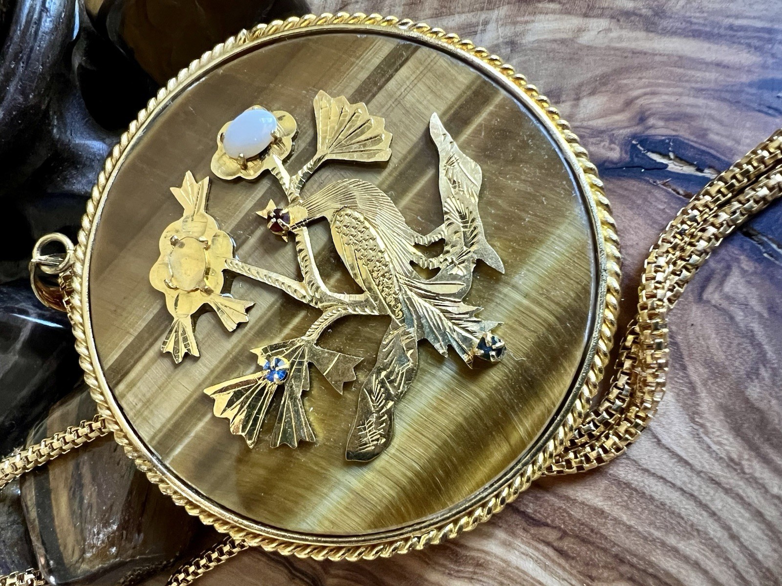 Vintage Double Sided Tiger’s Eye Gemstone Pendant With A Peacock On The Front