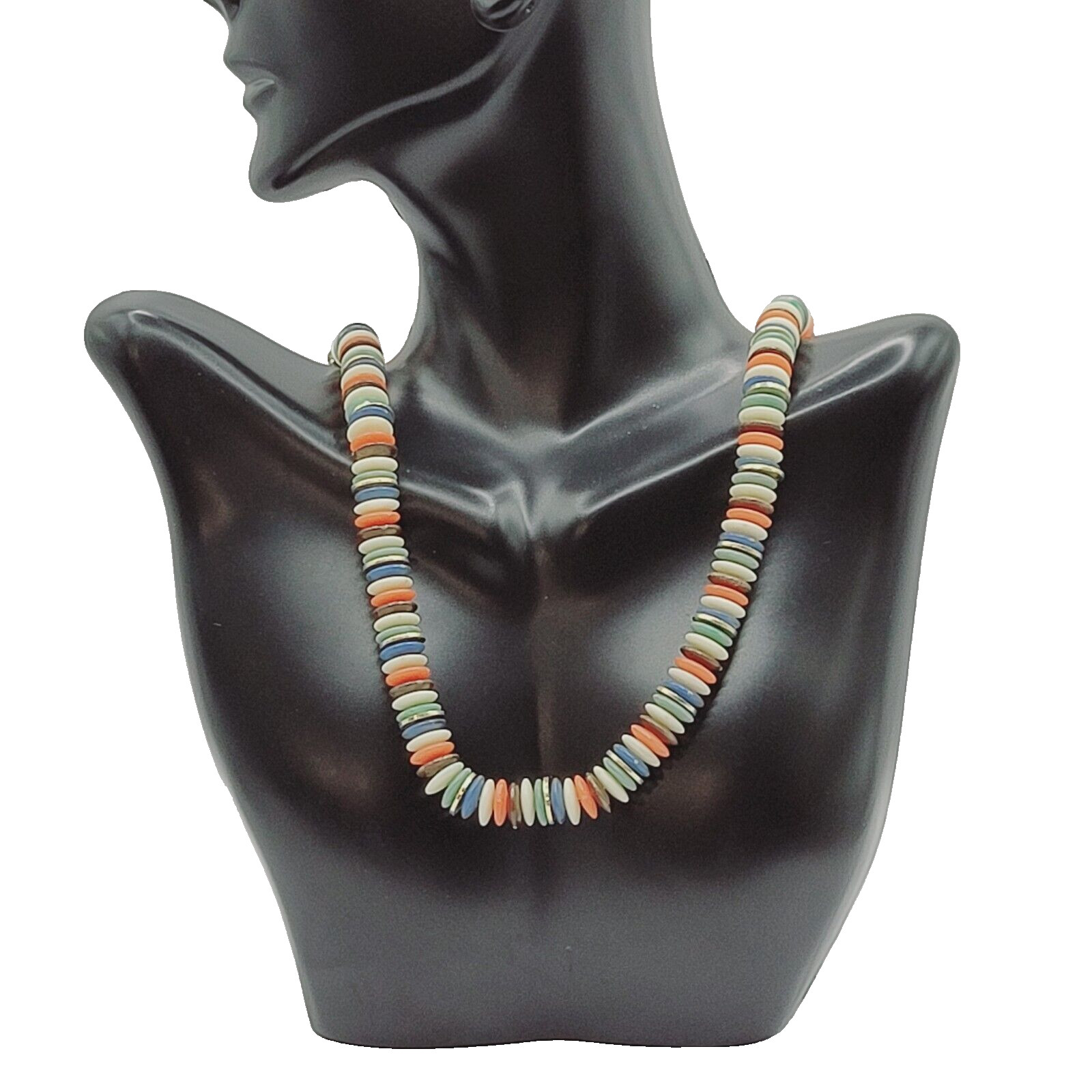 Button and Thread Like Bead Colorful Disc Heishi Style Vintage Necklace 25 In