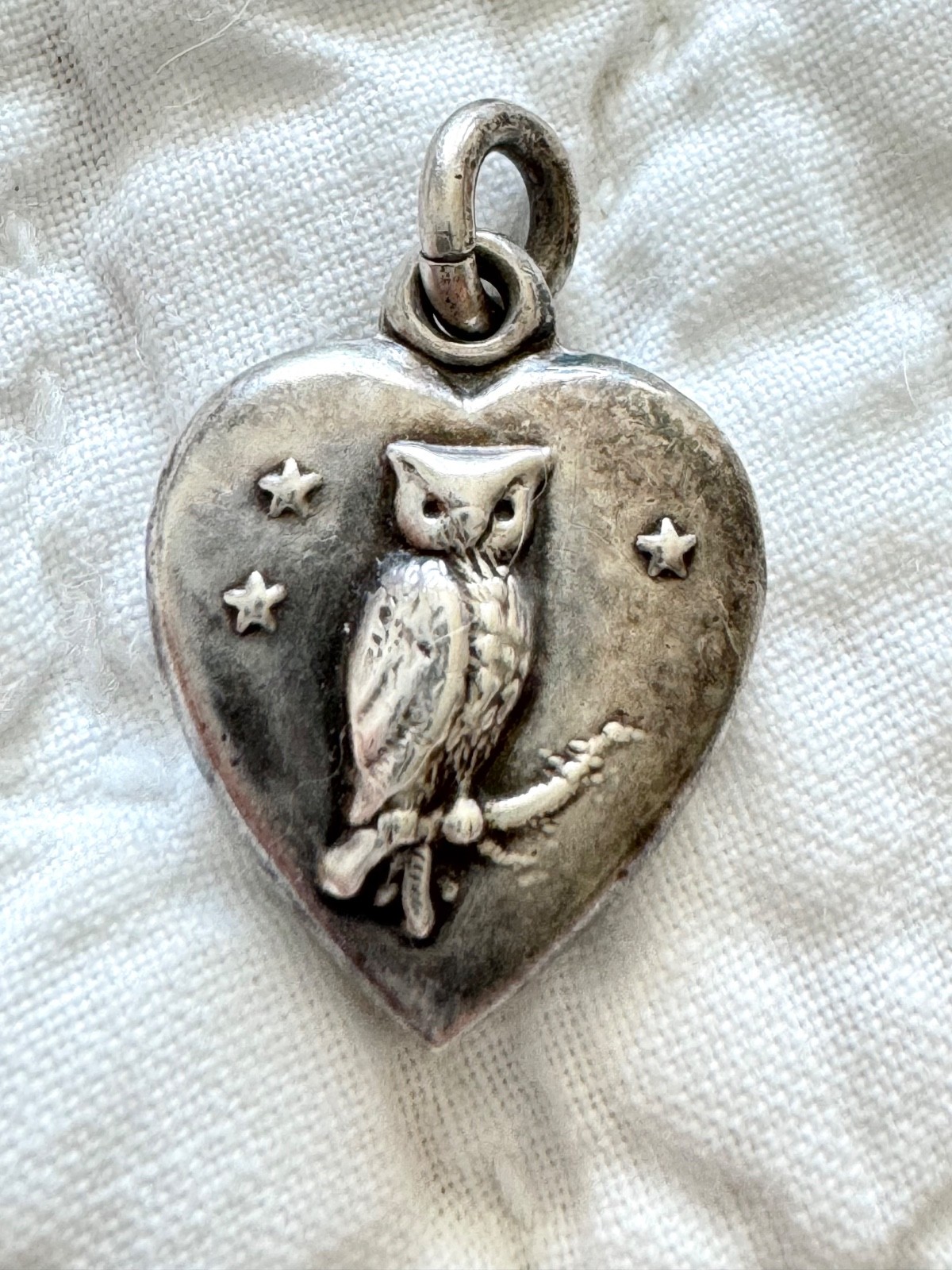 Antique Sterling Silver Owl Puffy Heart Charm