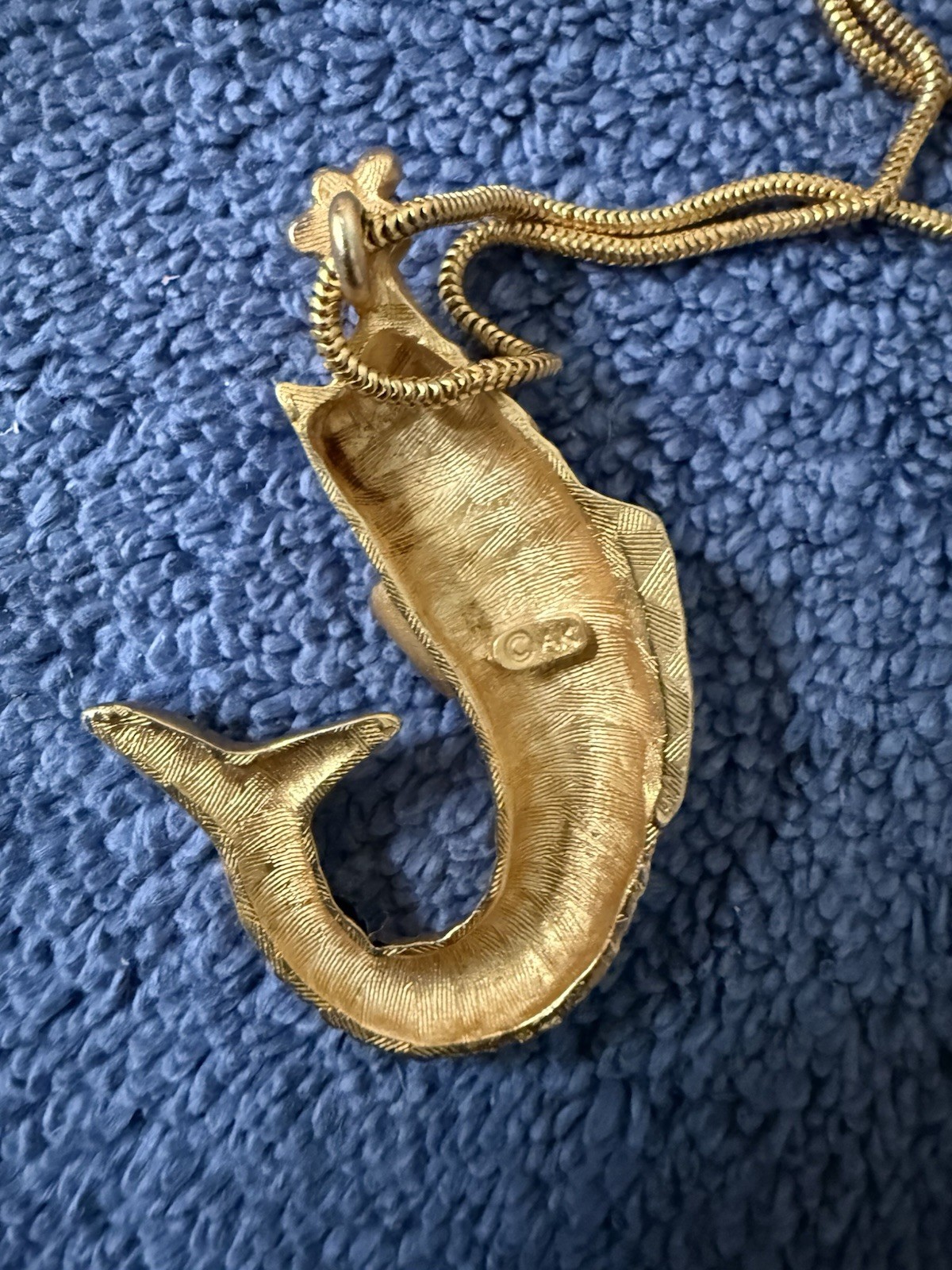 Vintage 1990s Anne Klein Necklace Matte Gold Tone Koi Fish With Pearl Eye & Mout