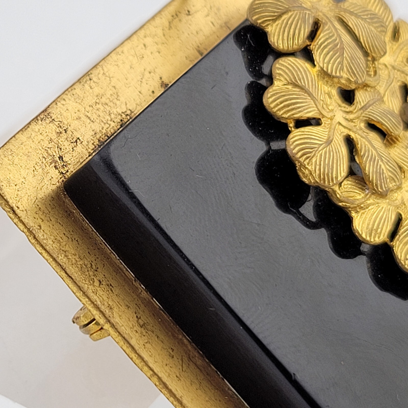 Antique Art Nouveau Gold over Brass Flower Black Glass Statement Runway Brooch