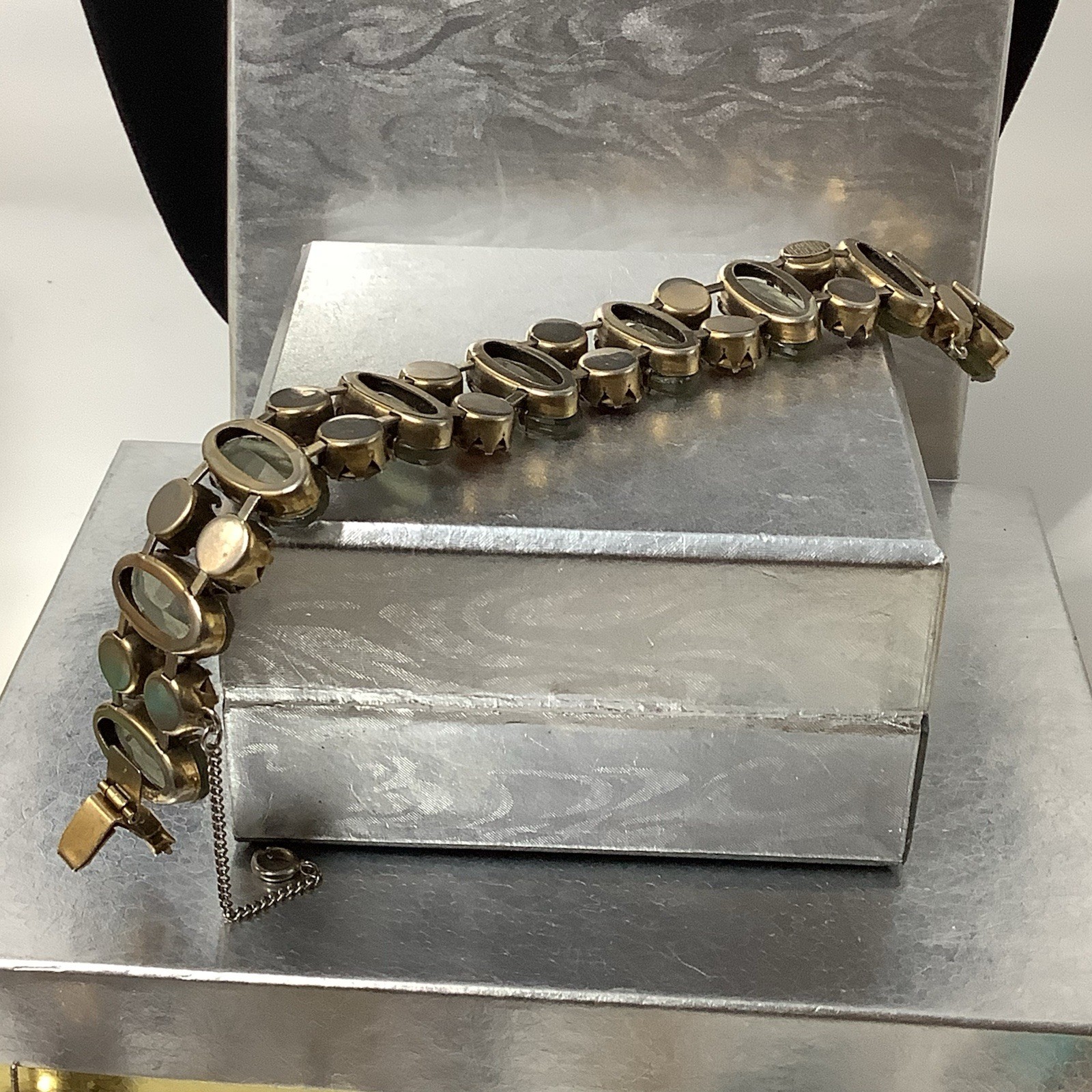 Vintage Signed Regency Golden Brown and Sage Green Crystal Bracelet 7″
